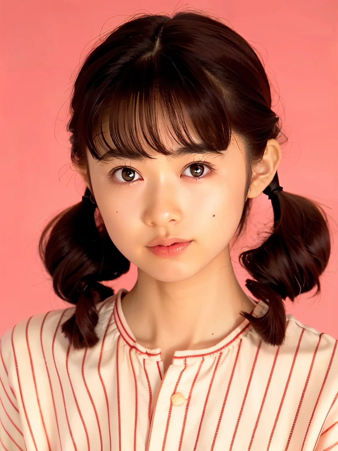 (Ogawa Noriko)、1girl, solo, looking at viewer, bangs, brown hair, shirt, hair ornament, long sleeves, twintails, brown eyes, upper body, lips, realistic, food-themed hair ornament, strawberry hair ornament