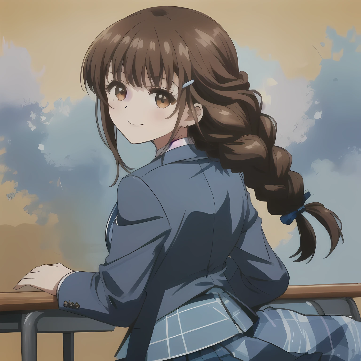 highest quality, (masterpiece:1.2), very detailed,A beautiful girl with a bright and cheerful atmosphere, Only one beautiful girl sitting、Looking at the viewer and smiling, glossy lips, nice smile, Impressive big brown eyes, (((dark brown hair))), , big shiny hair clip, , ((((Green school blazer with emblem))), ((A large Japanese-style school ribbon with a large navy blue stripe on the chest.)), very shiny hair、The corners of the eyes are drooping,(white and beautiful skin), (((Tightly braided brown hairstyle))), ((((Green & Navy color tartan check middle long skirt)))), ((A gentle and cute expression staring at the viewer)), double eyelid, ((long eyelashes)), ((the skirt is very cute)), （(Strong appeal to viewers)), (((shot from behind)))