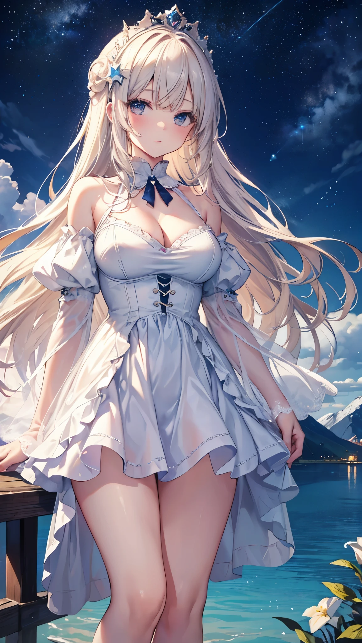 （masterpiece）、(highest quality)、((Super detailed))、(super delicate)、Princess in a naughty dress、platinum blonde、beautiful breasts、thighs、nice、Lake with mountain view、fantastic starry sky