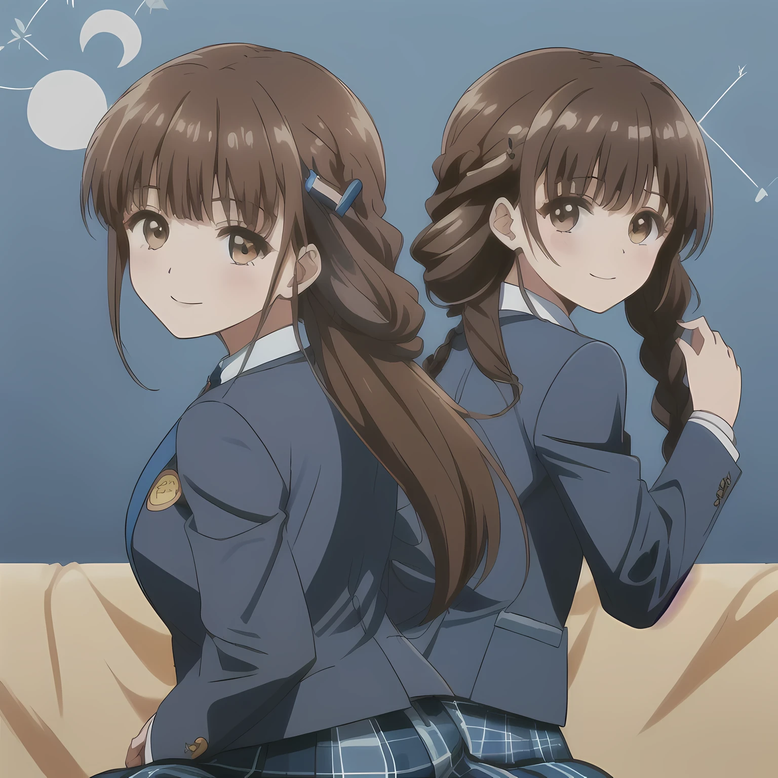 highest quality, (masterpiece:1.2), very detailed,A beautiful girl with a bright and cheerful atmosphere, Only one beautiful girl sitting、Looking at the viewer and smiling, glossy lips, nice smile, Impressive big brown eyes, (((dark brown hair))), , big shiny hair clip, , ((((Green school blazer with emblem))), ((A large Japanese-style school ribbon with a large navy blue stripe on the chest.)), very shiny hair、The corners of the eyes are drooping,(white and beautiful skin), (((Tightly braided brown hairstyle))), ((((Green & Navy color tartan check middle long skirt)))), ((A gentle and cute expression staring at the viewer)), double eyelid, ((long eyelashes)), ((the skirt is very cute)), ((Strong appeal to viewers)), (((shot from behind)))