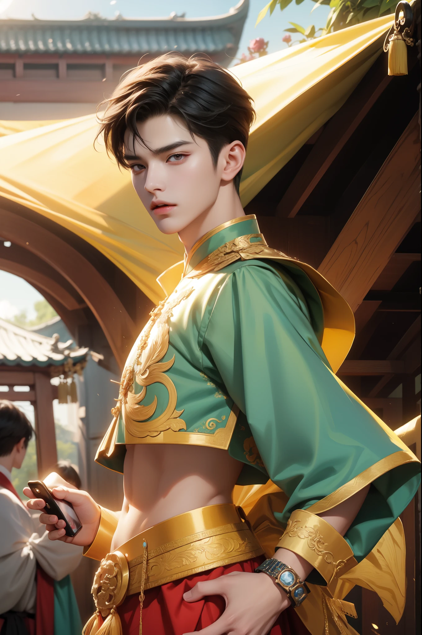 there is a man in a costume holding a cell phone, yanjun chengt, cai xukun, by Yang J, inspired by Yanjun Cheng, handsome guy in demon slayer art, heise jinyao, by Zhou Fang, inspired by Wu Bin, inspired by Bian Shoumin, inspired by Huang Gongwang, inspired by Huang Shen, inspired by Zhang Han