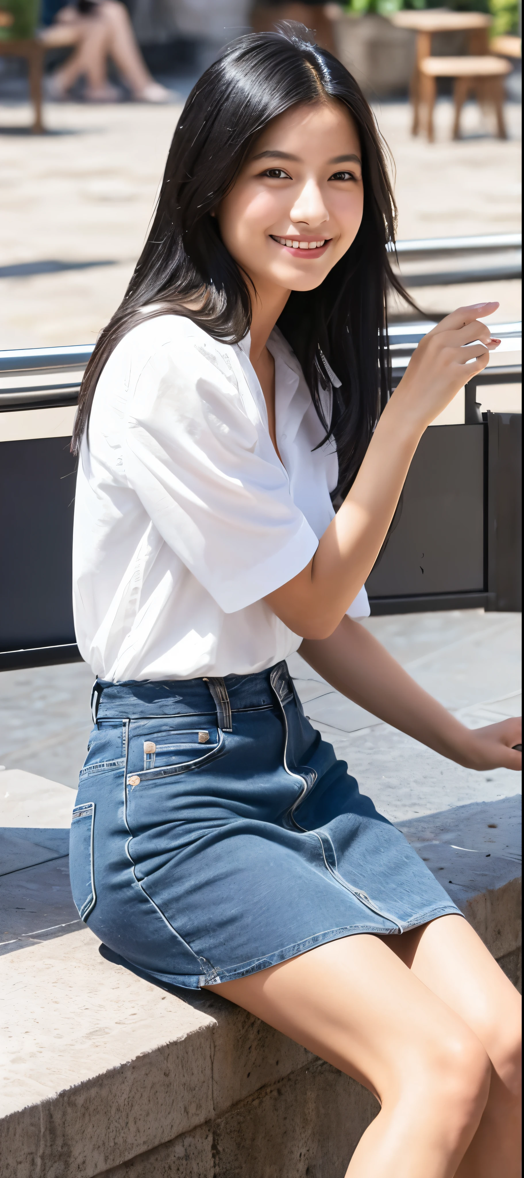 1 girl, indonesian girl, (black hair semi-long)(beautiful hair), actress, smile, shiny skin, best quality, masterpiece, (photorealistic:1.4), terrace seating, Europe, France, Paris, denim mini skirt (realistic fabric), white short sleeves (cotton fabric), (no logo), thin fingers