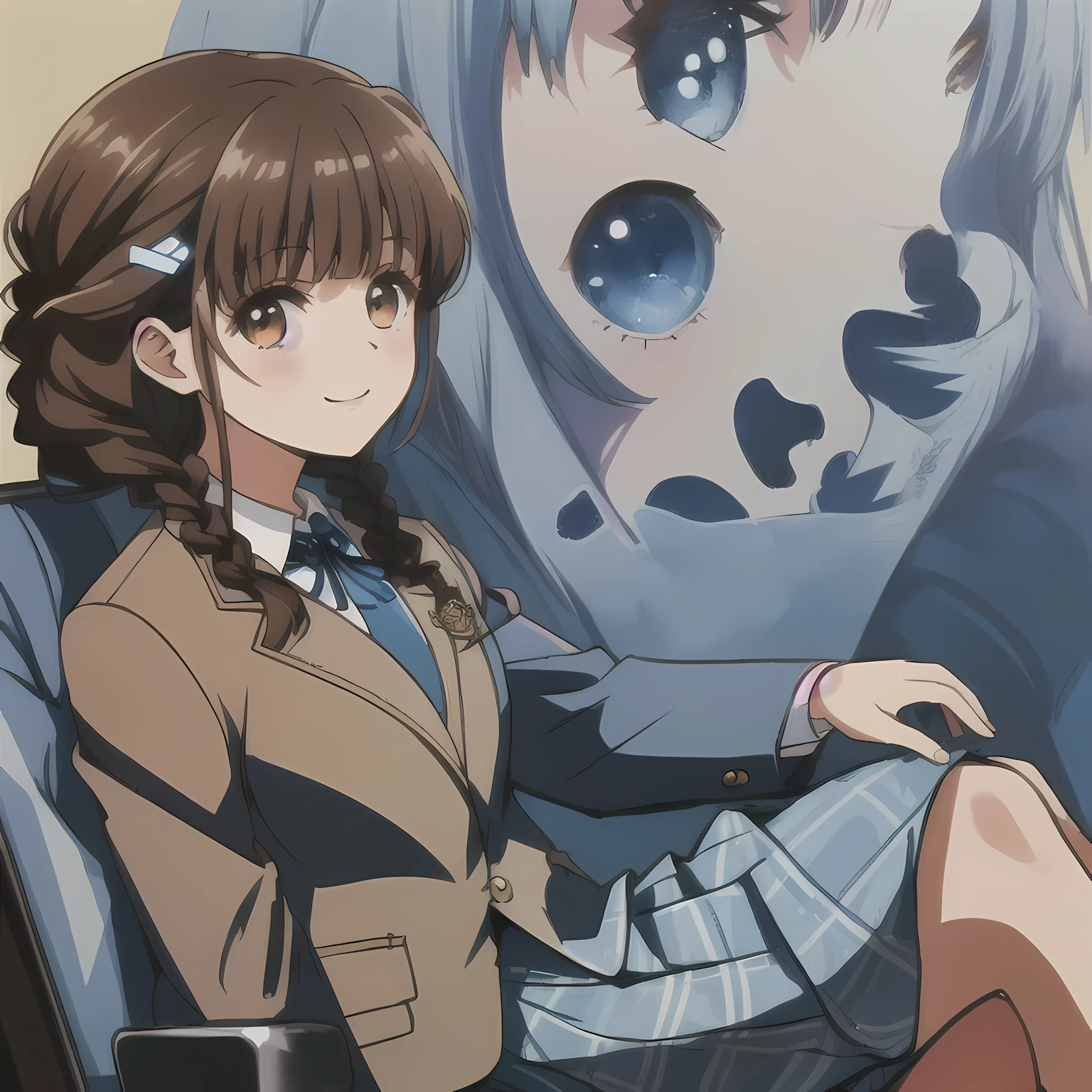 highest quality, (masterpiece:1.2), very detailed,A beautiful girl with a bright and cheerful atmosphere, Only one beautiful girl sitting、Looking at the viewer and smiling, glossy lips, nice smile, Impressive big brown eyes, (((dark brown hair))), 15 years old, big shiny hair clip, , ((((Green school blazer with emblem))), ((A large Japanese-style school ribbon with a large navy blue stripe on the chest.)), very shiny hair、The corners of the eyes are drooping,(white and beautiful skin), (((Tightly braided brown hairstyle))), ((((Green & Navy color tartan check middle long skirt)))), ((A gentle and cute expression staring at the viewer)), double eyelid, ((long eyelashes)), ((the skirt is very cute)), （(Strong appeal to viewers)), (((shot from the side)))