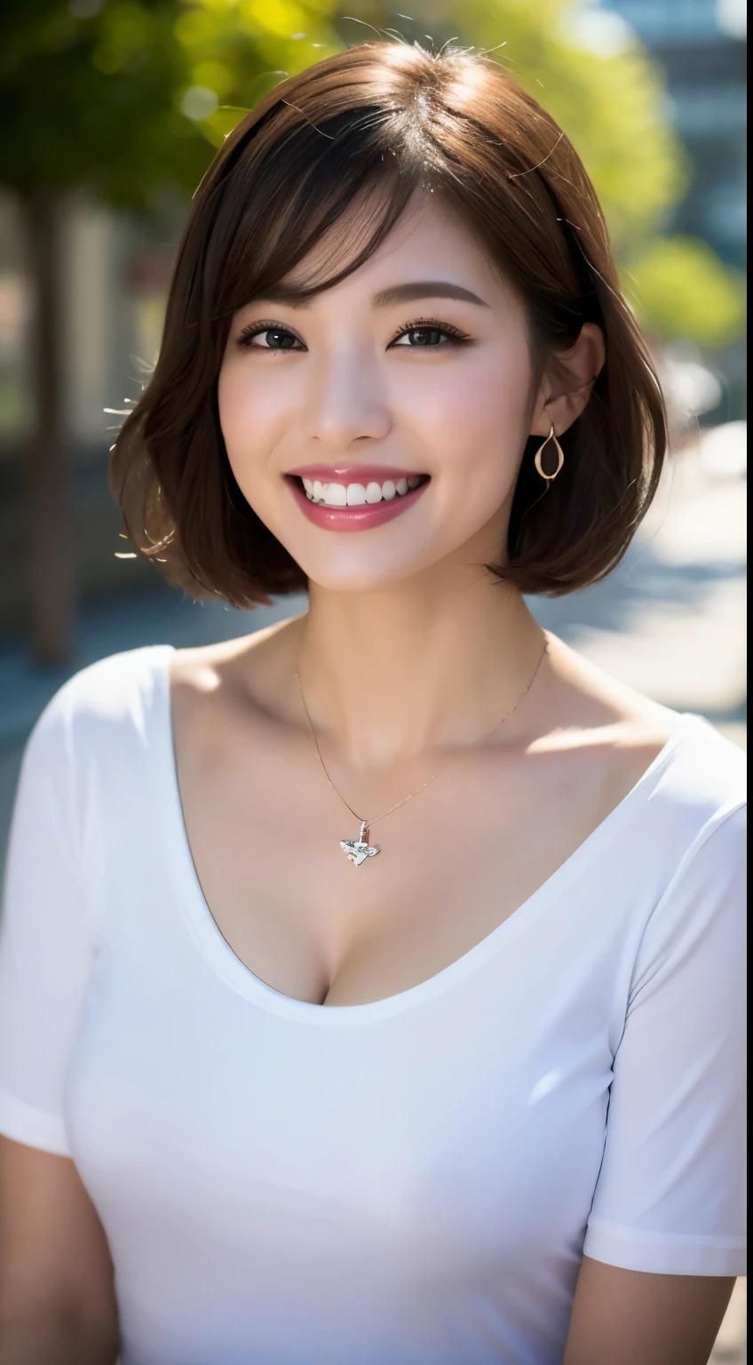 (8K, RAW photo, highest quality, High resolution: 1.1), (hyperrealistic: 1.4), (realistic, photorealistic: 1.3), 30 years old, soft light, cleavage, girl, realistic face, realistic body, realistic skin, disorganized, masterpiece, (cute: 1.8), cuties, alone, (big: 1.2), fine black eyes, innocent eyes, blush, (T-shirt(1.2), cinema light, film grain, jewelry, earrings, ((short bob hair: 1.1)), (floating hair nova frog style)), cherry color lip, hair ribbon, hair ribbon, ponytail, close, view viewer, Upper body, open lips, upper teeth, (smiling eyes: 0.6), ((grin: 1.2)), Depth of the bounds written, blurred background, focus of the eye, Bokeh, young, 85mm lens, f/1.4, professional lighting, young, portrait,black hair、beautiful teeth、dark eyeliner、necklace around neck、ear piercing