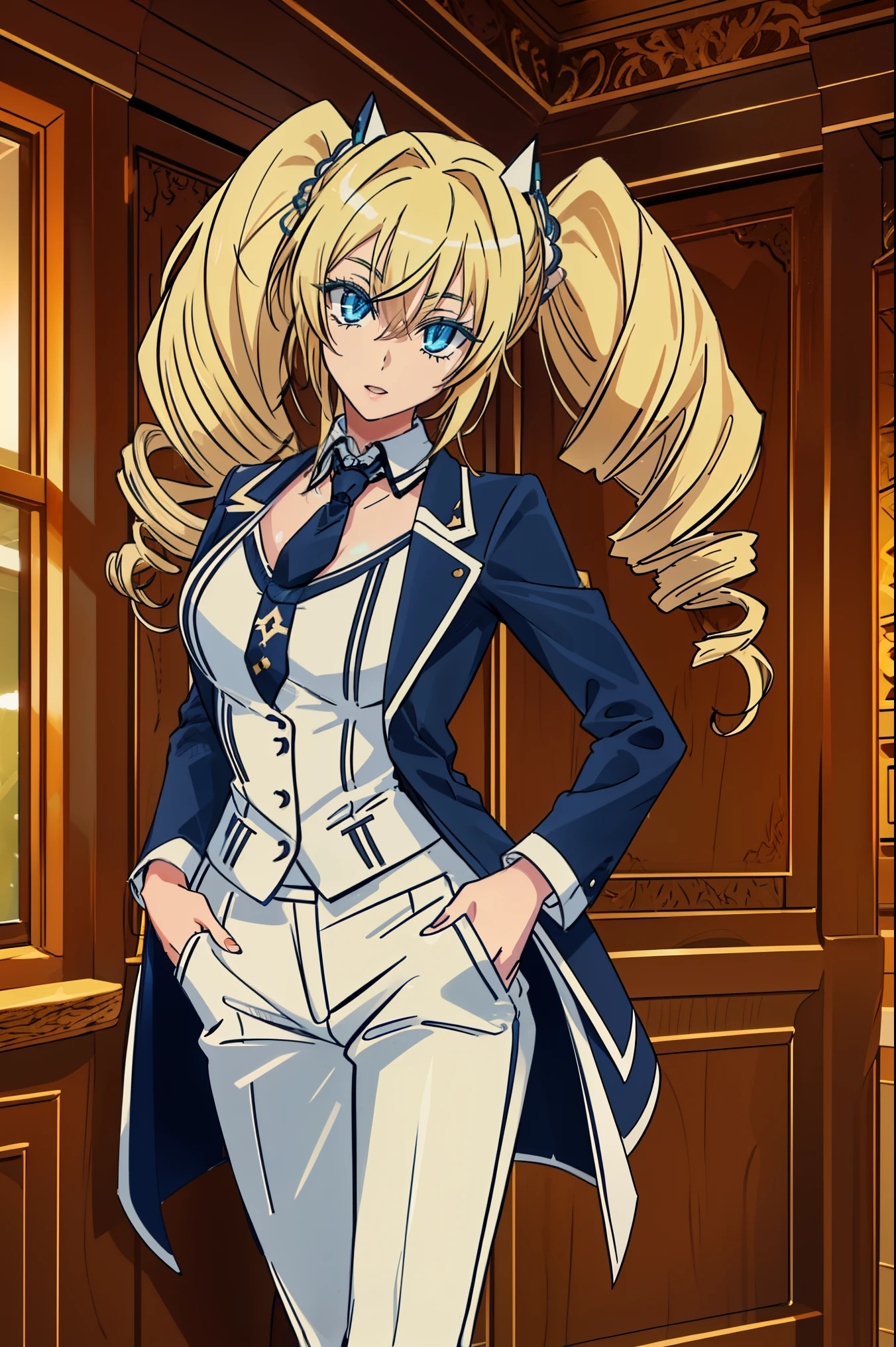 score_9, score_8_up, score_7_up, source_anime,1 girl, solo, Ravel Phenex dxd,blonde hair, blue eyes, drill hair, twintails, ribbon, twin drills, bow,
BREAK (formal attractive tailcoat,blue necktie, collared shirt, white pants, white shirt , tailored tailcoat elegant ,tailcoat tailored to perfection:1.2)
BREAK striking Victorian theme and crafted from the lustrous fabric
BREAK standing in a large alcove in the room , standing in front of a window ,
BREAK (masterpiece:1.2), best quality, high resolution,NSW ,unity 8k wallpaper, (illustration:0.8), (beautiful detailed eyes:1.6), extremely detailed face, perfect lighting, extremely detailed CG, (perfect hands, perfect anatomy),