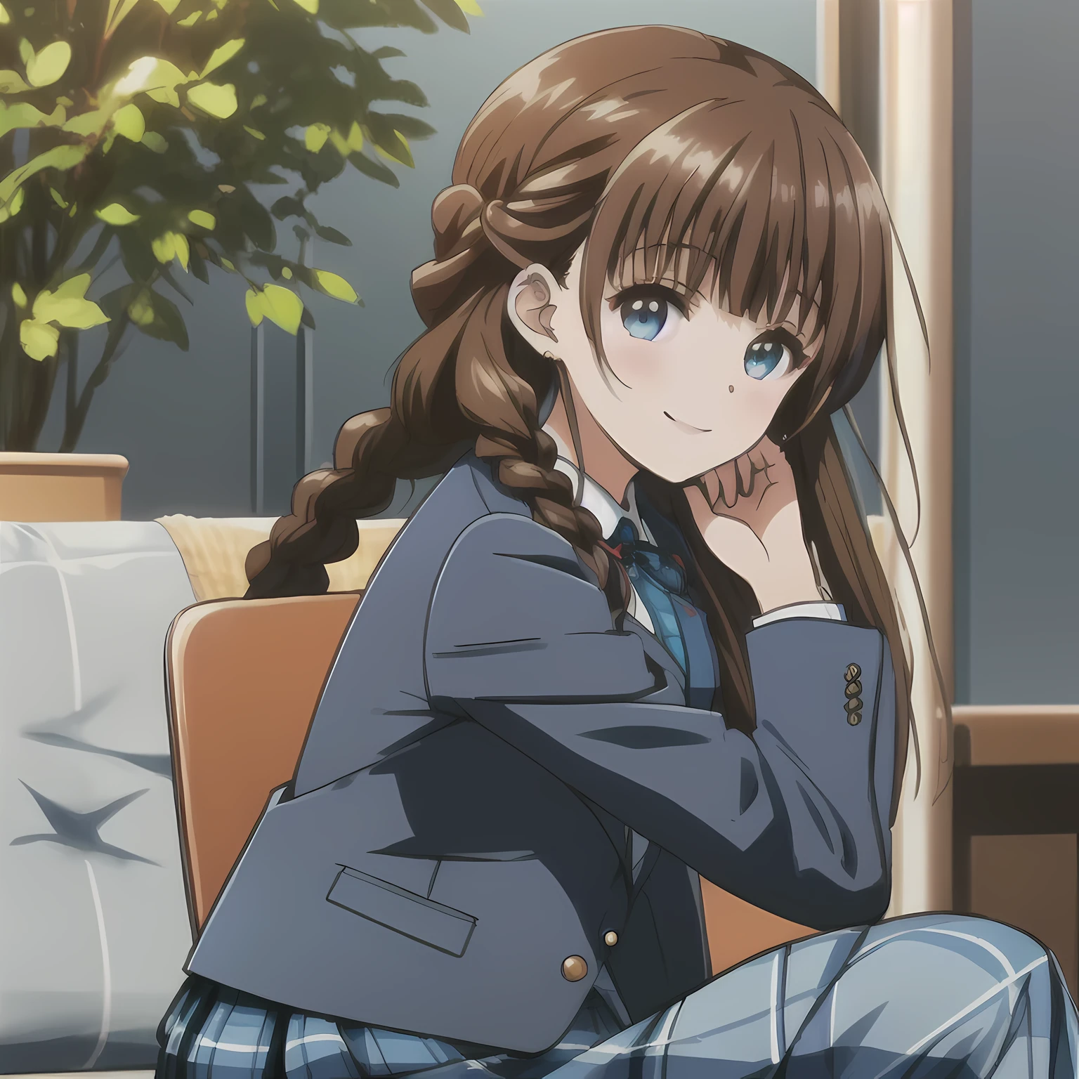 highest quality, (masterpiece:1.2), very detailed,A beautiful girl with a bright and cheerful atmosphere, Only one beautiful girl sitting、Looking at the viewer and smiling, glossy lips, nice smile, Impressive big brown eyes, (((dark brown hair))), 15 years old, big shiny hair clip, , ((((Green school blazer with emblem))), ((A large Japanese-style school ribbon with a large navy blue stripe on the chest.)), very shiny hair、The corners of the eyes are drooping,(white and beautiful skin), (((Tightly braided brown hairstyle))), ((((Green & Navy color tartan check middle long skirt)))), ((A gentle and cute expression staring at the viewer)), double eyelid, ((long eyelashes)), ((the skirt is very cute)), ((Strong appeal to viewers)), (((shot from the side)))
