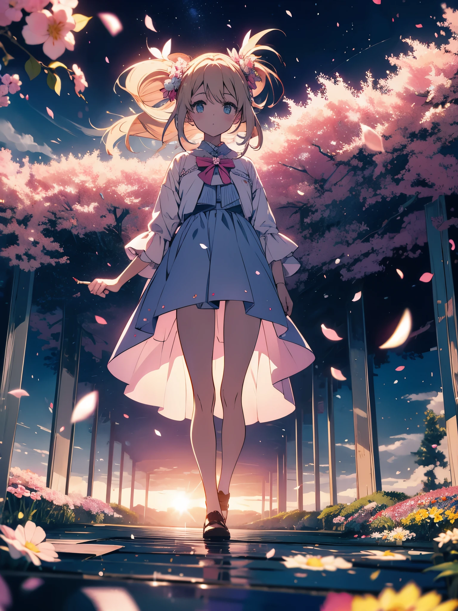 (highest quality、masterpiece、High resolution、detailed)、(Shining eyes、detailed美しい顔)、There is a girl Standing in a flower garden looking up at the sky, a girl Standing in a flower garden, girl walking in a flower field, I wandered into a dream-like wonderland, Standing in a flower garden, amazing digital paintings, The sky is empty々It's getting sunny, The starry sky is slowly々moving away from 、beautiful anime、Cherry blossom petals fluttering