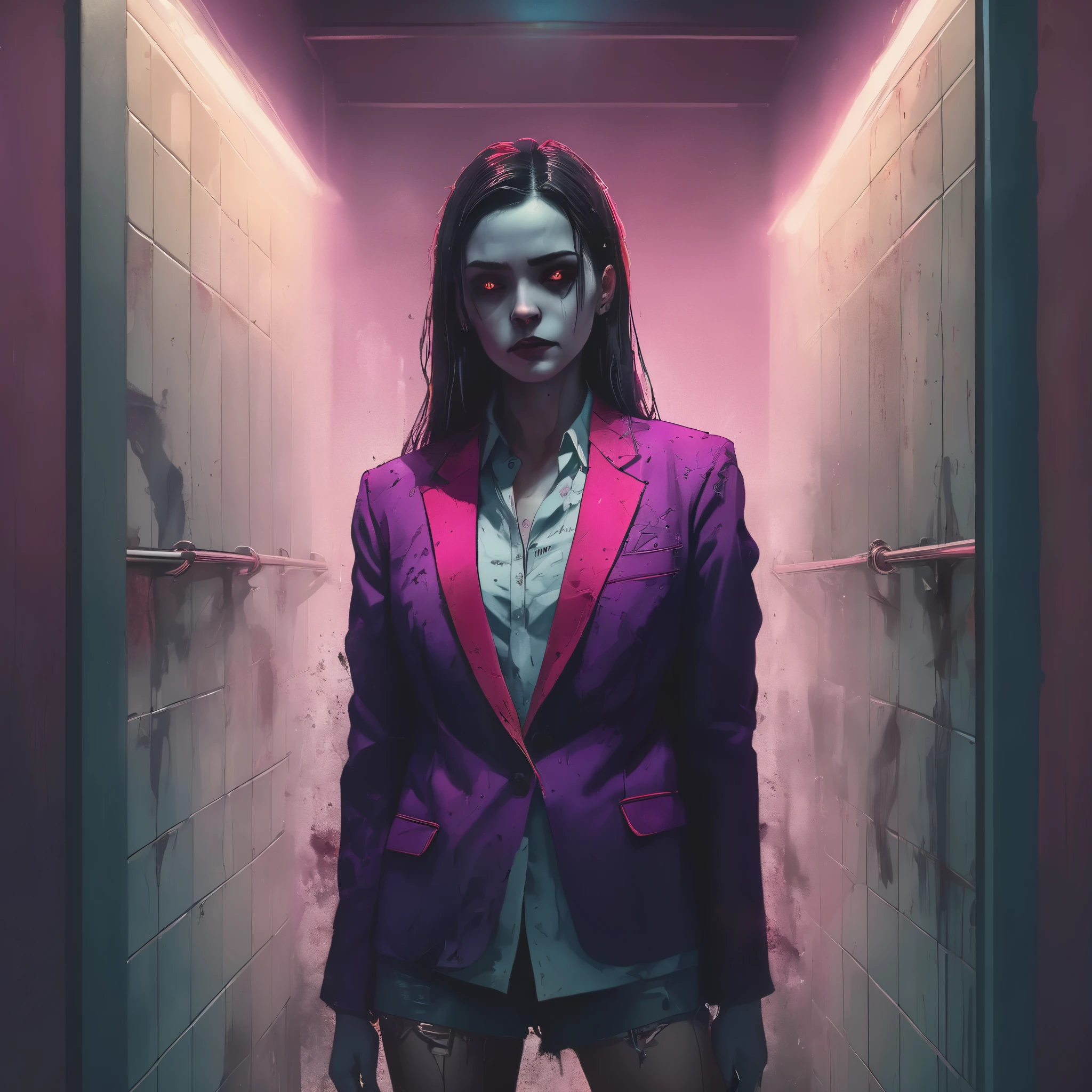 VtmArt, draw a close-up of (vampire:0.4) Standing in a dirty old public toilet with fluorescent lights、girl wearing a colorful blazer, (masterpiece:1.3), At night, cinematic lighting, intricately detailed, high quality, dramatic atmosphere
