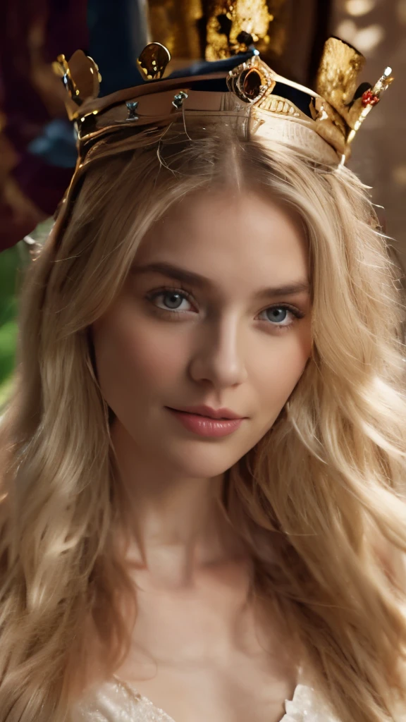 blonde with long hair with a crown on her head in full length