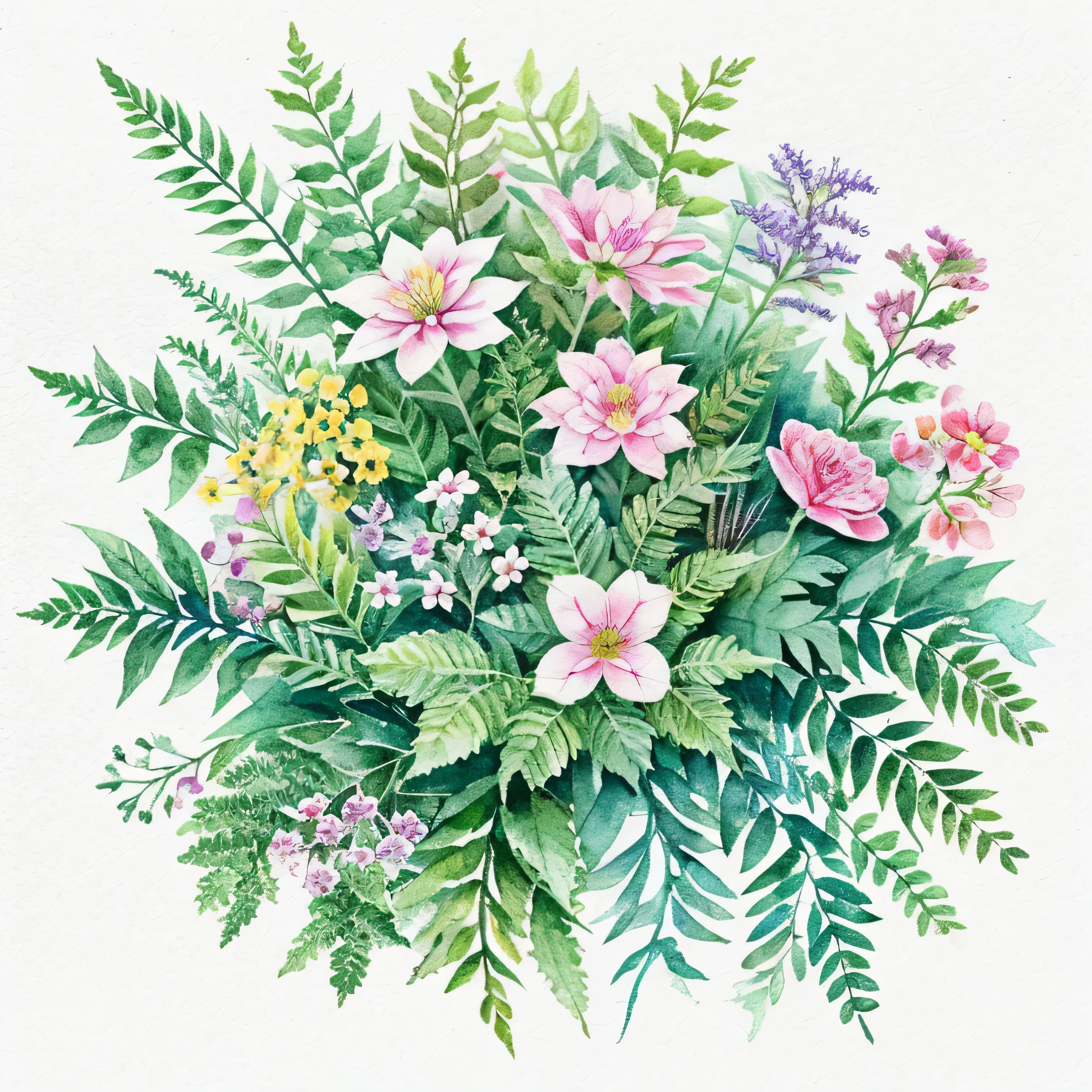 an intricate watercolor half-drop pattern of beautiful flowers, blackberry, ferns, leaves, calm colors on a #3b4195 color background. Watercolor paper texture.