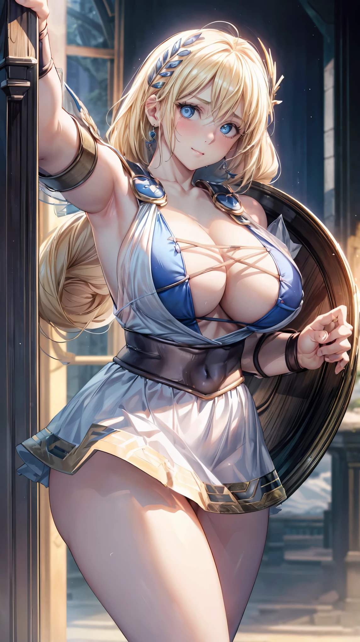sensual, long blonde hair, thick thighs, 8K, 4k, highest quality, (High resolution:1.6), cute anime face, noise reduction, shining blue eyes, gentle smile, kind eyes、toned abdominal muscles, muscular arms, muscular legs, young face, anime eyes, Sophitia Alexandra、has a sword and shield、(SFW huge body)、(beautiful nose:1.5)