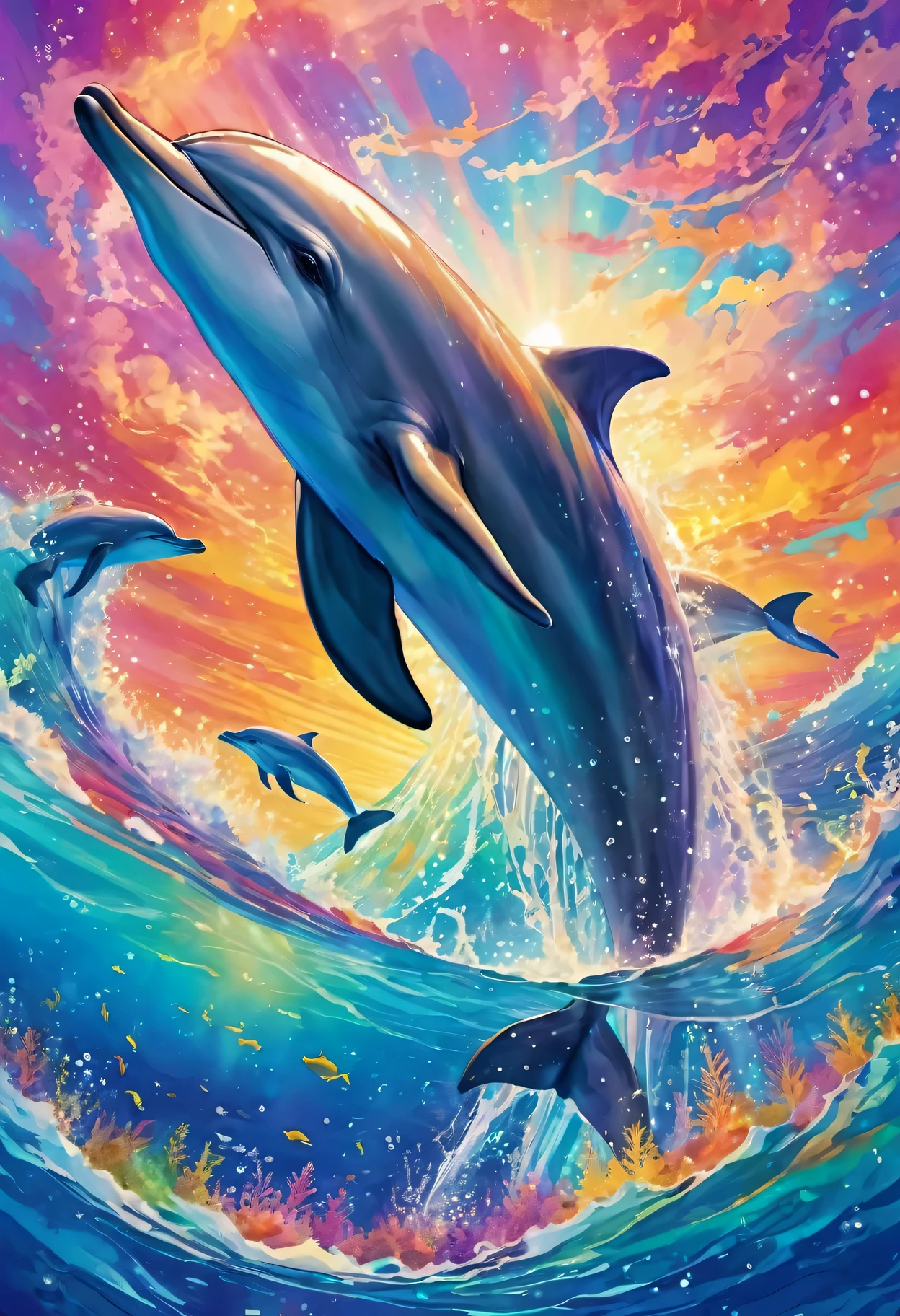 Dolphins swim in colorful ocean, Look up and see the composition, Live water and whales from the sky, Fantasy psychedelic animation, Colorful anime background, A beautiful artistic illustration, Colorful concept art, Very detailed ,watercolor painting, Octane number,actual,Xin Haicheng( Reasonable design, clear lines, HD,best quality, Very detailed, main part, movie lighting effects, 4K )