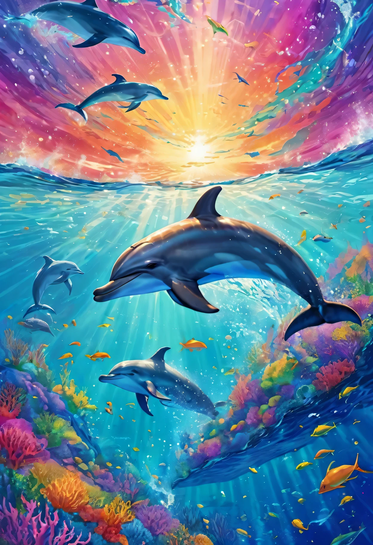 Dolphins swim in colorful ocean, Look up and see the composition, Live water and whales from the sky, Fantasy psychedelic animation, Colorful anime background, A beautiful artistic illustration, Colorful concept art, Very detailed ,watercolor painting, Octane number,actual,Xin Haicheng( Reasonable design, clear lines, HD,best quality, Very detailed, main part, movie lighting effects, 4K )