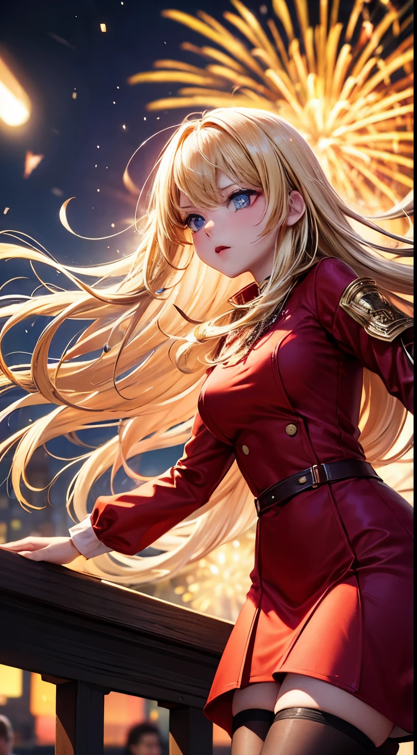 Full HD, Super detailed, high quality, master likes it, Bokeh, woman, 30 years, stockings, red midi dress, compensate, night, fireworks light, anger, Lens flare,long hair,blonde