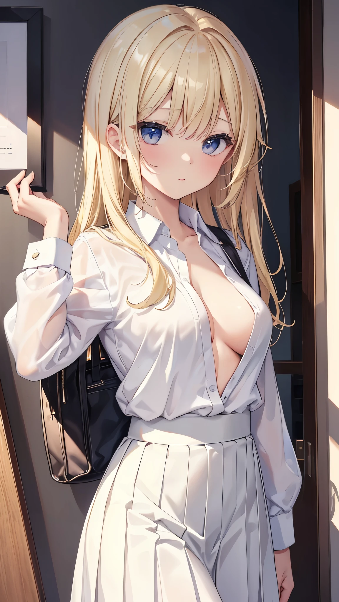masterpiece, highest quality, High resolution, SA1, blonde hair, uniform, white shirt, skirt, チェック柄skirt, open shirt, bra very,