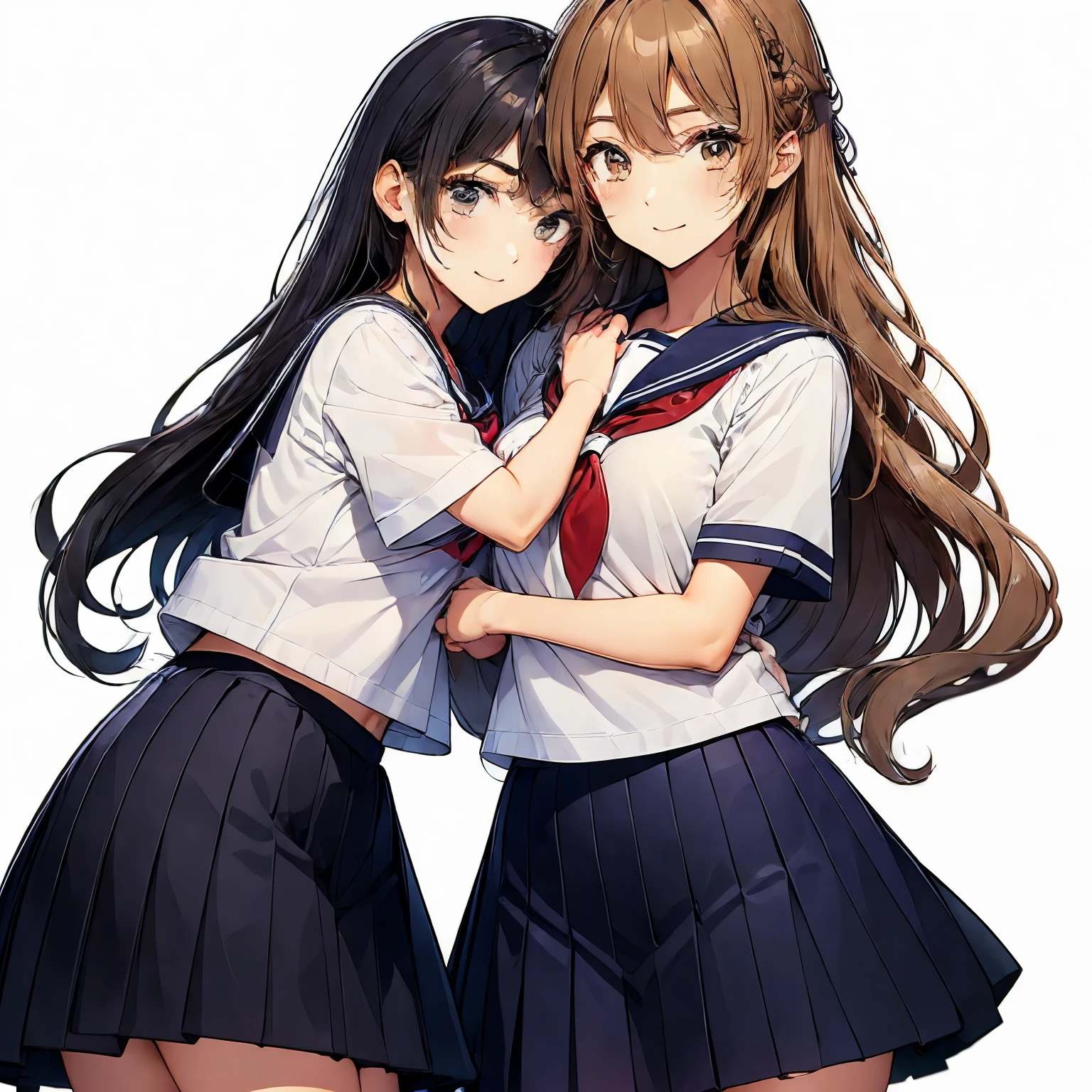 high quality,((2girls,cuddle)),chyuri,smile,Japanese high school student,short sleeve sailor ,