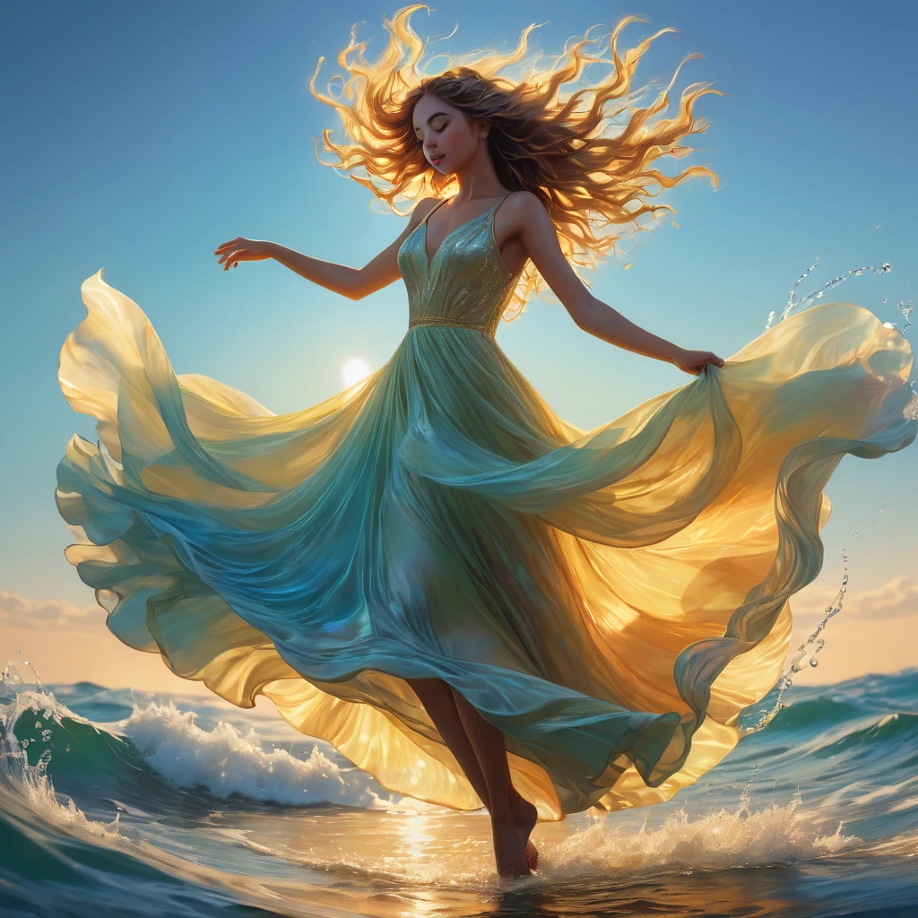People Dancing on the Sea Surface, aesthetic, extremely detailed, (best quality,4k,8k,highres,masterpiece:1.2),ultra-detailed,(realistic,photorealistic,photo-realistic:1.37), dancing on the sea surface, colorful, aesthetic, surreal, vibrant, graceful movement, heavenly atmosphere, Jim Burns, Daniel Gerhartz, Trending on ArtStation, ocean waves, sunset backdrop, energetic tempo, professional lighting and shadows, floating dresses, flowing hair, mesmerizing choreography, artistic interpretation, dynamic poses, soft golden light, dynamic brushstrokes, ethereal ambiance, sparkling water, expressive emotions, lively music, magical evening scene, joyous celebration, captivating performance