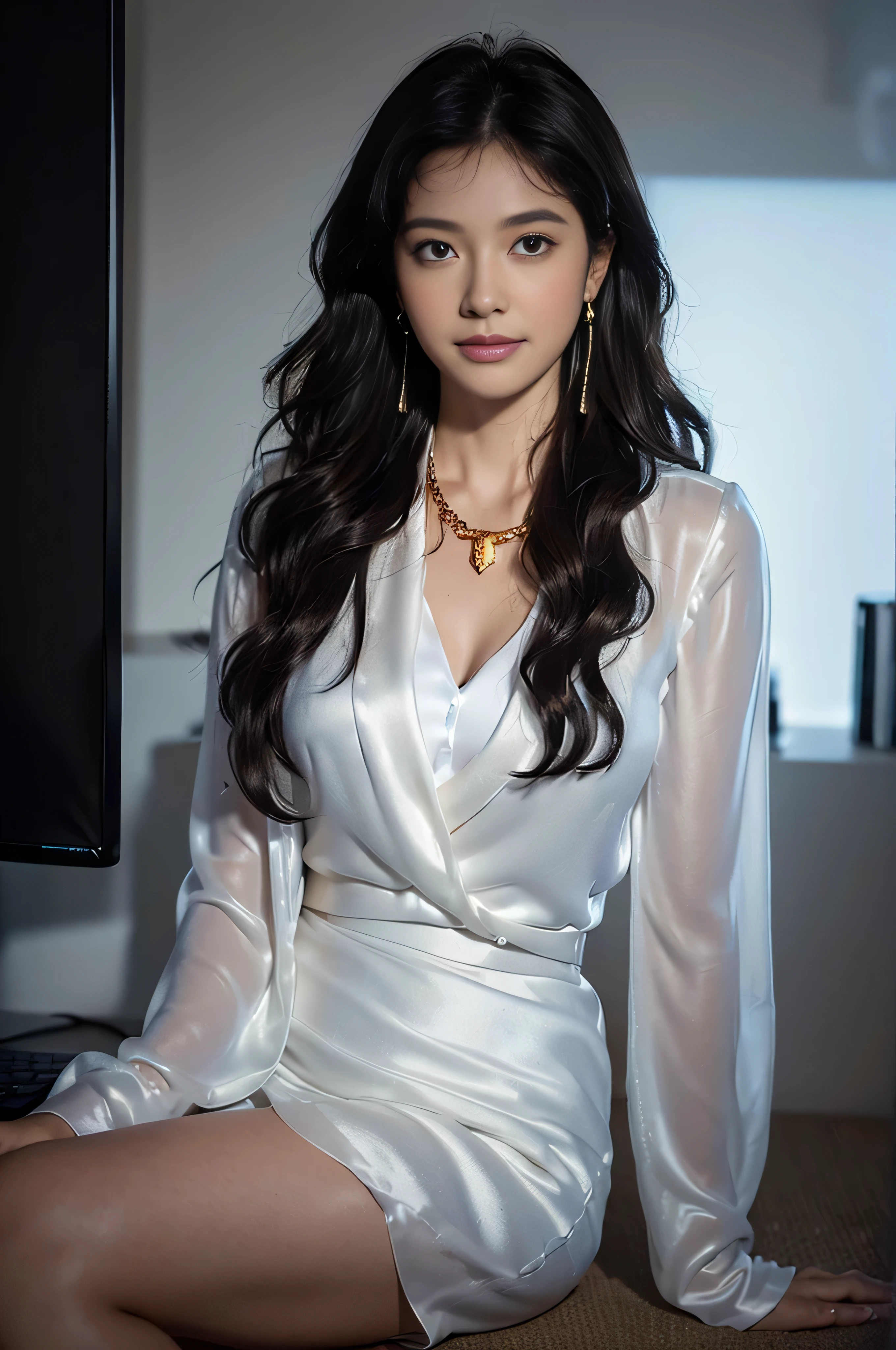 ((Very beautiful girl:1.3)),((White Wrap Dress_long-sleeve_Big Gold Necklace_big gold earrings_see-through sleeves:1.4)),((FULL BODYSHOT:1.5)),((In the office of the company_Sitting in front of a computer:1.3)),((Thin_fabric:1.4)) ((Doing work:1.3)) ((her face is flushed:1.2)) ((medium milk:1.2)) ((close-up:1.2)) Best Quality,masutepiece,超A high resolution,(Photorealistic:1.4),Raw photo,(Authentic skin texture:1.3),(Film grain:1.3),the panorama,Character Portrait,Very Wide Shot,Narrow waist,Cowboy Shot,(In the Dark, deepshadow, lowkey, cold light,) Night,((loose wavy hair:1.2)),((Brown-colored super long hair:1.2))Streaming Tears,,Dust,Tindall Effect,(expression),1girl in,beautiful detailed eyes and face,White Jabot)) ((Smile:1.3))((Office Lady,Black Office Blazer,luxurious silk blouse,Office Skirt:1.3)),