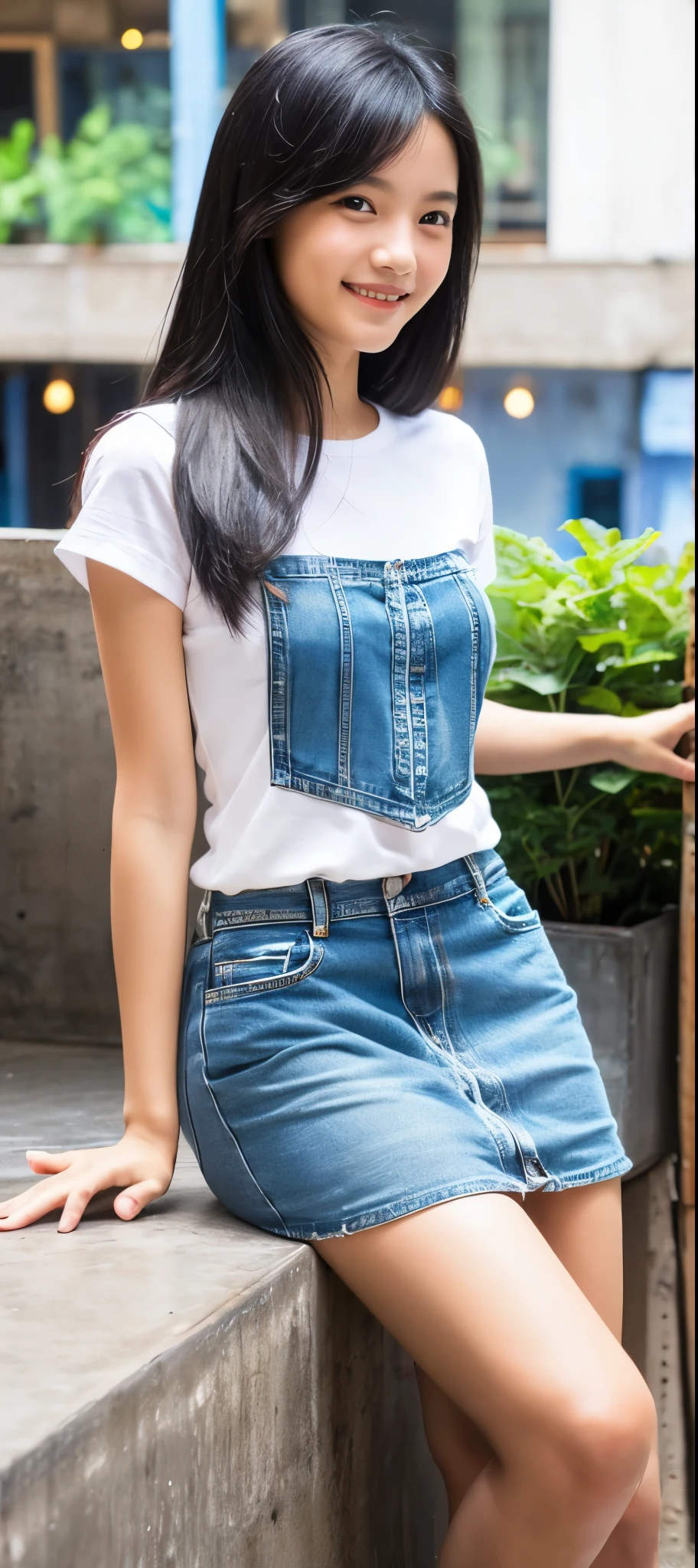 1 girl, indonesian girl, (black hair semi-long)(beautiful hair), actress, smile, shiny skin, best quality, masterpiece, (photorealistic:1.4), terrace seating, asian, indonesian, jakarta, denim mini skirt (realistic fabric), white short sleeves (cotton fabric), (no logo), thin fingers