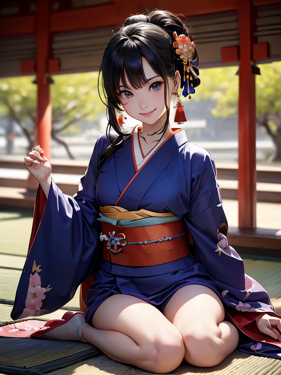 ((Biologically correct number of limbs))、((full body shot, Full body photo including face、head to toe photo))、standing position、[NSFW]、4K、masterpiece、((focus on the face))、((Symmetrical facial features))、Eyes of minute description、Beautiful woman、outstanding style、beautiful clavicle、beautiful legs、(small ass、thin thighs）、(high heels）、Detailed depiction of faces、small earrings、necklace、Close-up photo of the upper body、(kimono）、Scenery of Kyoto on holiday morning、A happy smile、
