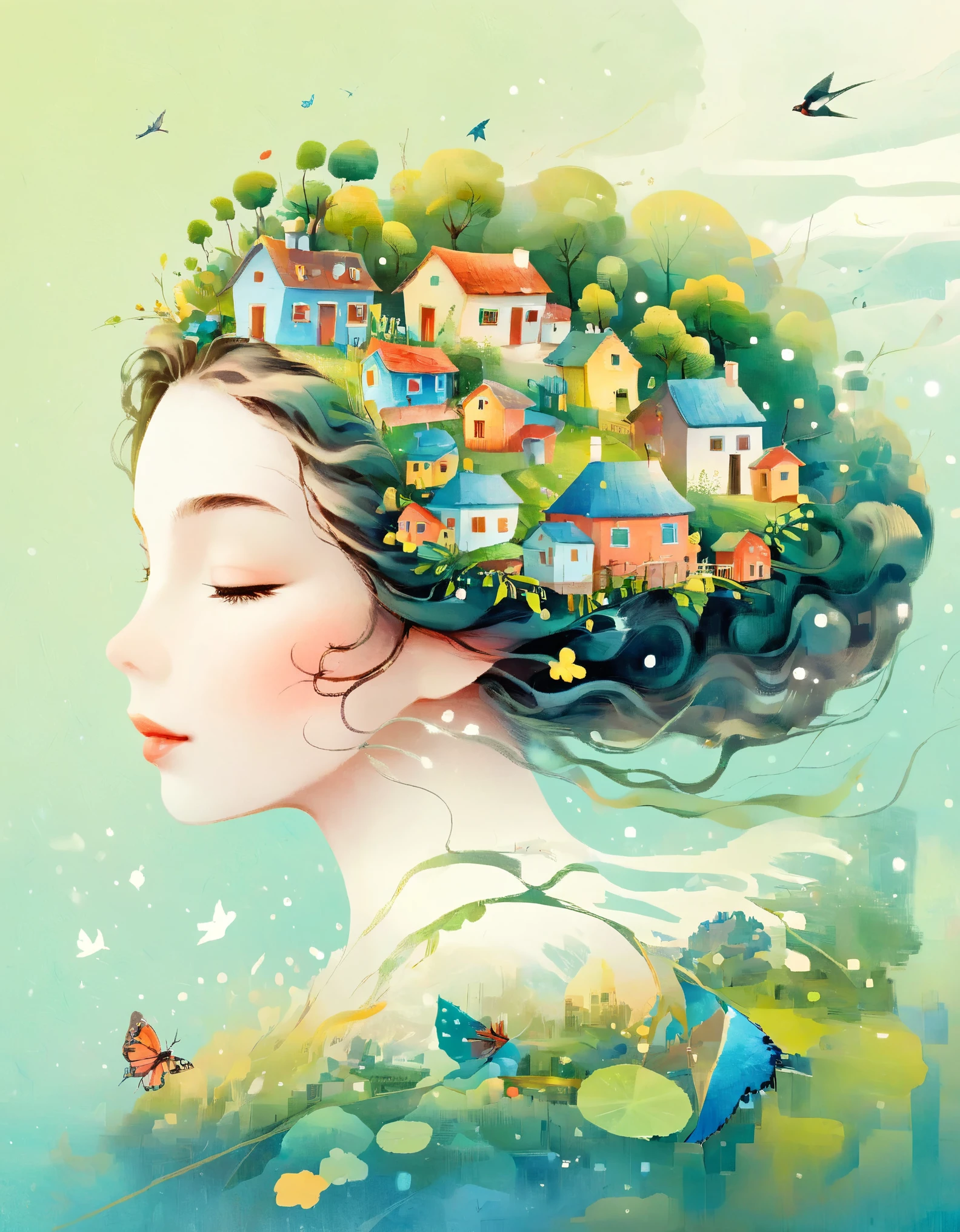 Digital Illustration Art, A comical illustration of a  girl's head adorned with many houses, trees, roots, swallows, etc., (front), her hair consists of many houses and trees, with green trees and hills in the background, (the background blends in with the littles hair), wrapped around on both sides, evokes the charm of an enchanting idyllic landscape, white background, Chinese calligraphy whimpering, vivid Ferdinand du Puigaudeau, Victor nizovtsev, vintage tones, shimmering, reflections, optimal digital, 8K, high-definition, high-resolution, double exposure, beautiful digital illustration, Eyvind Earle style, fine details