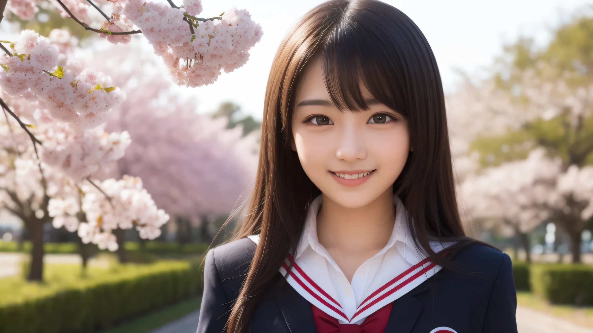 (1 girl), 18-year-old, (big round eyes), (cute dimples), enchanting smile, brown eyes, (high school uniform:1.2), (highest quality: 1.4), (Super detailed), (highest quality:1.4), (Super detailed), evening, very high resolution, (Upper body), close up face, school anime, anime illustration, cherry blossomsの木, cherry blossoms,