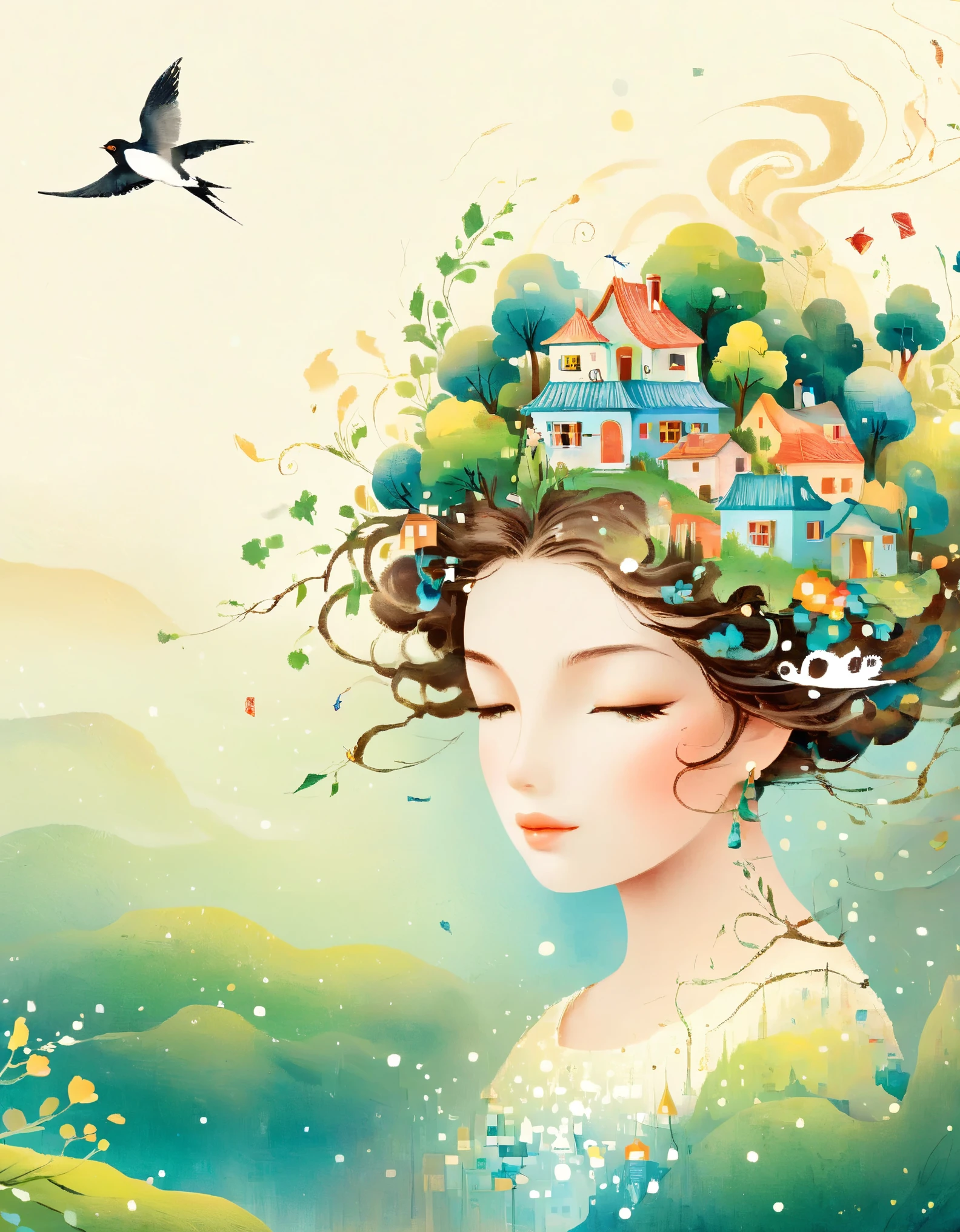 Digital Illustration Art, A comical illustration of a  girl's head adorned with many houses, trees, roots, swallows, etc., (front), her hair consists of many houses and trees, with green trees and hills in the background, (the background blends in with the littles hair), wrapped around on both sides, evokes the charm of an enchanting idyllic landscape, white background, Chinese calligraphy whimpering, vivid Ferdinand du Puigaudeau, Victor nizovtsev, vintage tones, shimmering, reflections, optimal digital, 8K, high-definition, high-resolution, double exposure, beautiful digital illustration, Eyvind Earle style, fine details