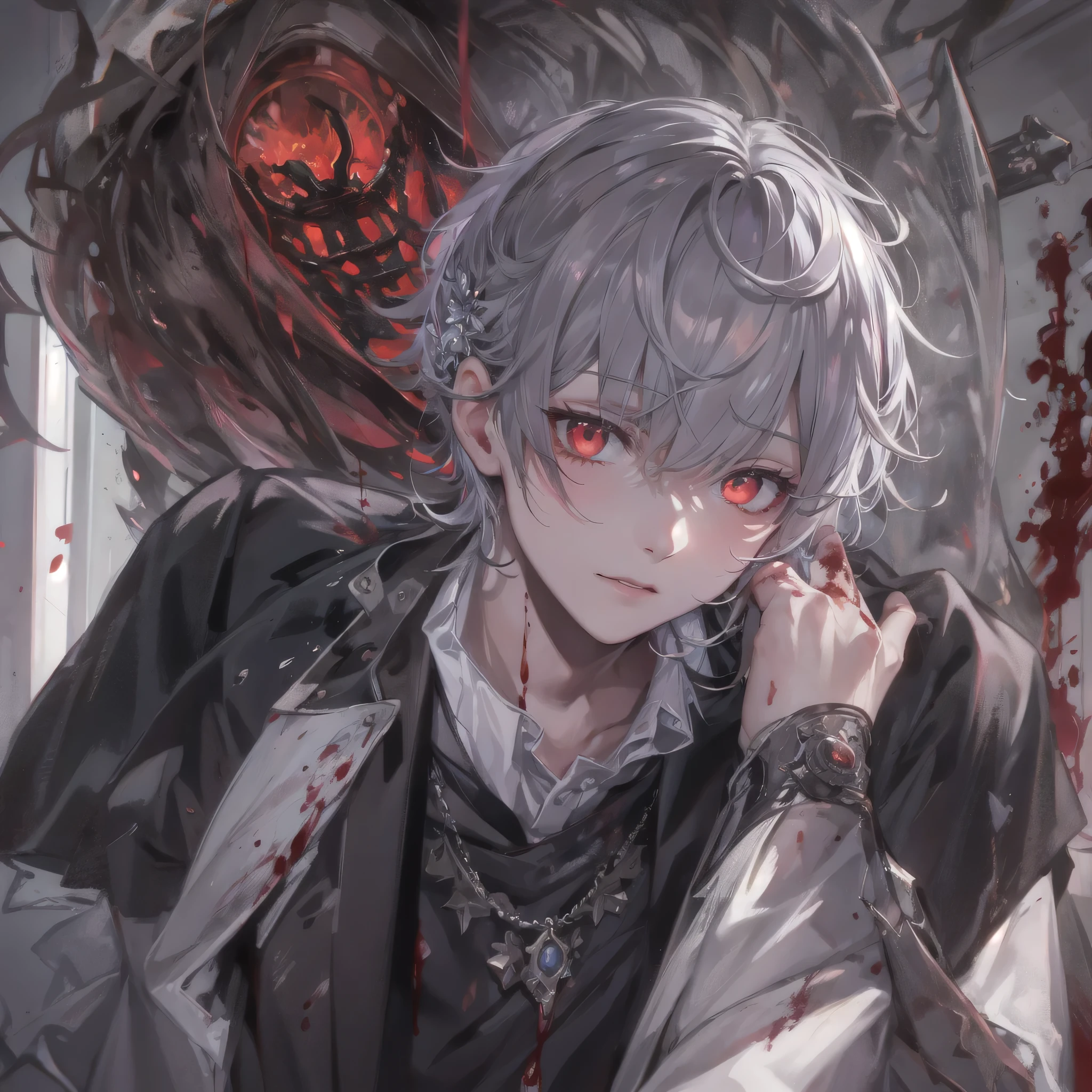 perfect anatomy, masterpiece:1.2, highest quality, 8K, beautiful and detailed growth, Utopian performance, ((There were blood stains on the butler&#39;s clothes.)) （solo silver short hair divine boy, 15, red eyes, tired look, break, At night, in the magic room.