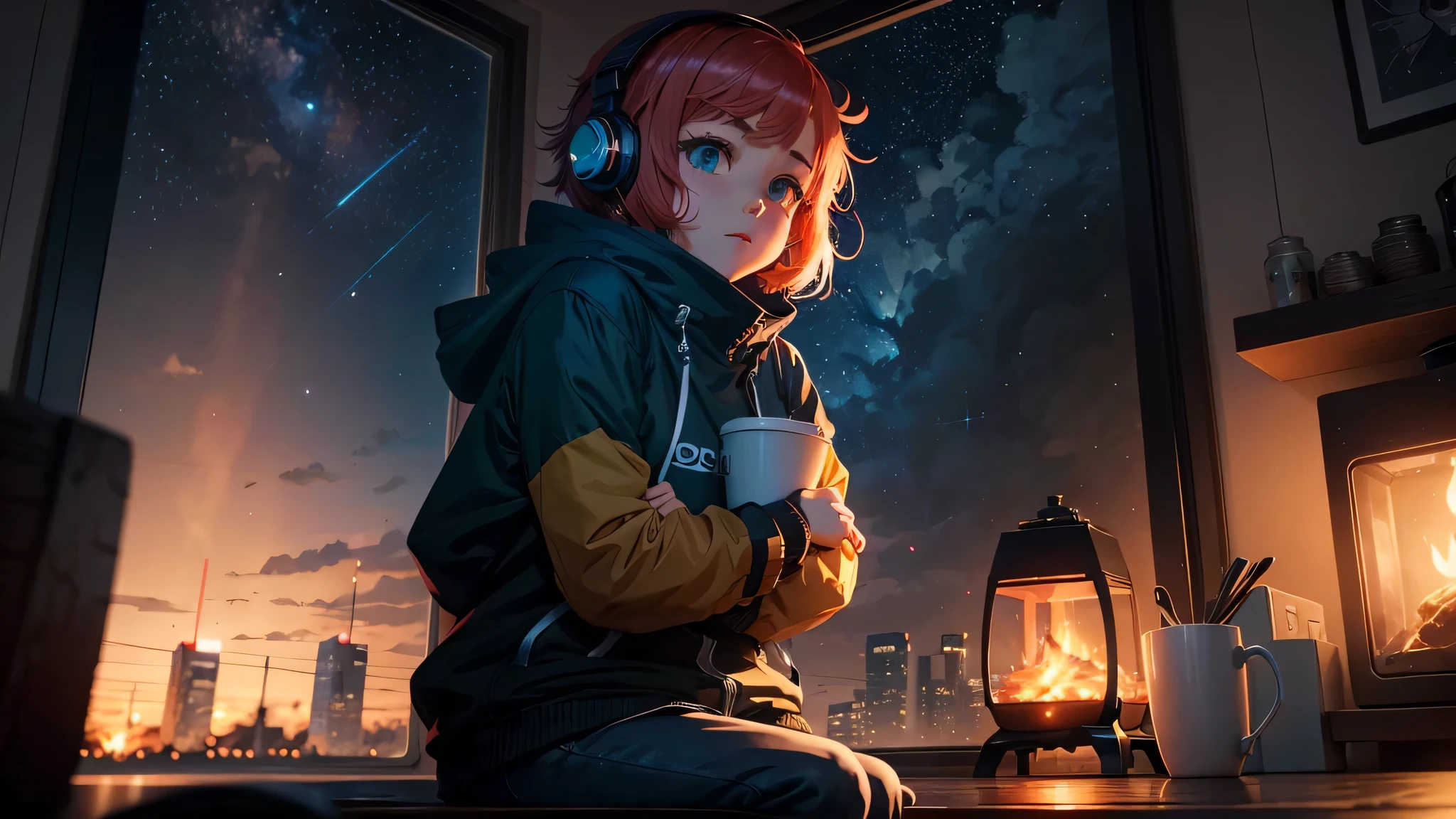 4k anime wallpaper, style of alena aenami, listening to headphones in a cafe, anime art wallpaper 4 k, anime art wallpaper、short hair1girl、cute、Fireplace Lights、sitting in a chair、The starry sky outside the window