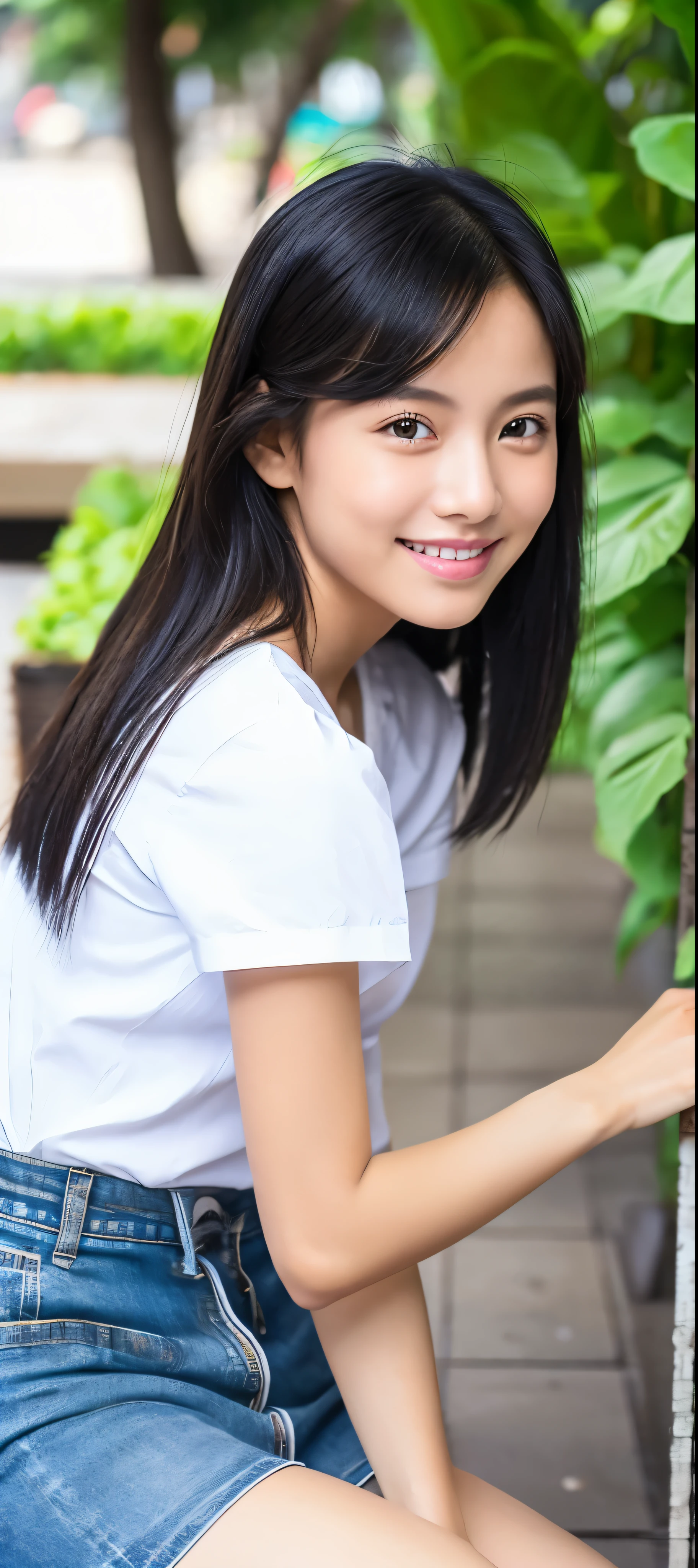 1 girl, indonesian girl, (black hair semi-long)(beautiful hair), actress, smile, shiny skin, best quality, masterpiece, (photorealistic:1.4), terrace seating, asian, indonesian, jakarta, denim mini skirt (realistic fabric), white short sleeves (cotton fabric), (no logo), thin fingers