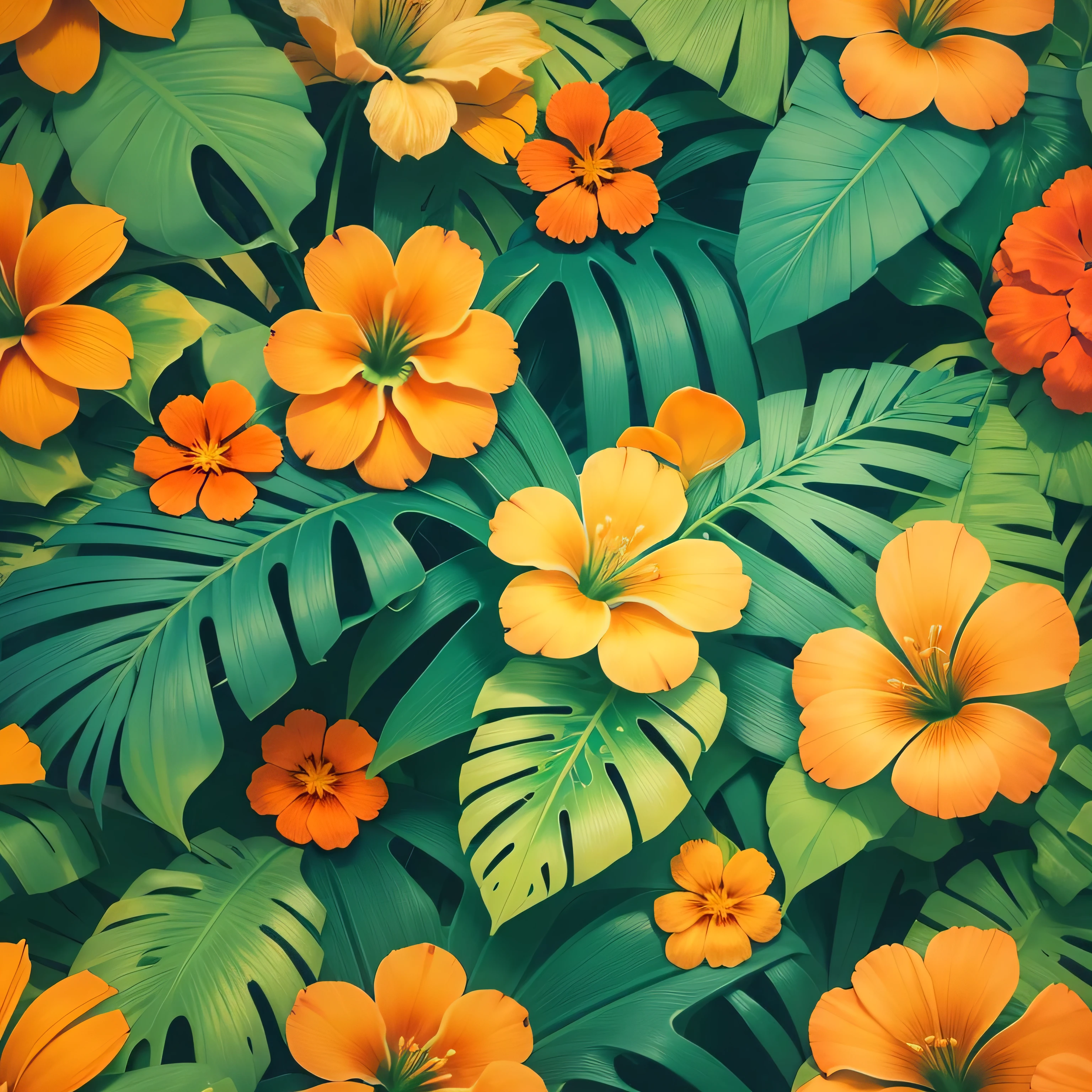 Hawaii flower, tropical leaf pattern, ultra hd, cyan and orange color, wallpaper