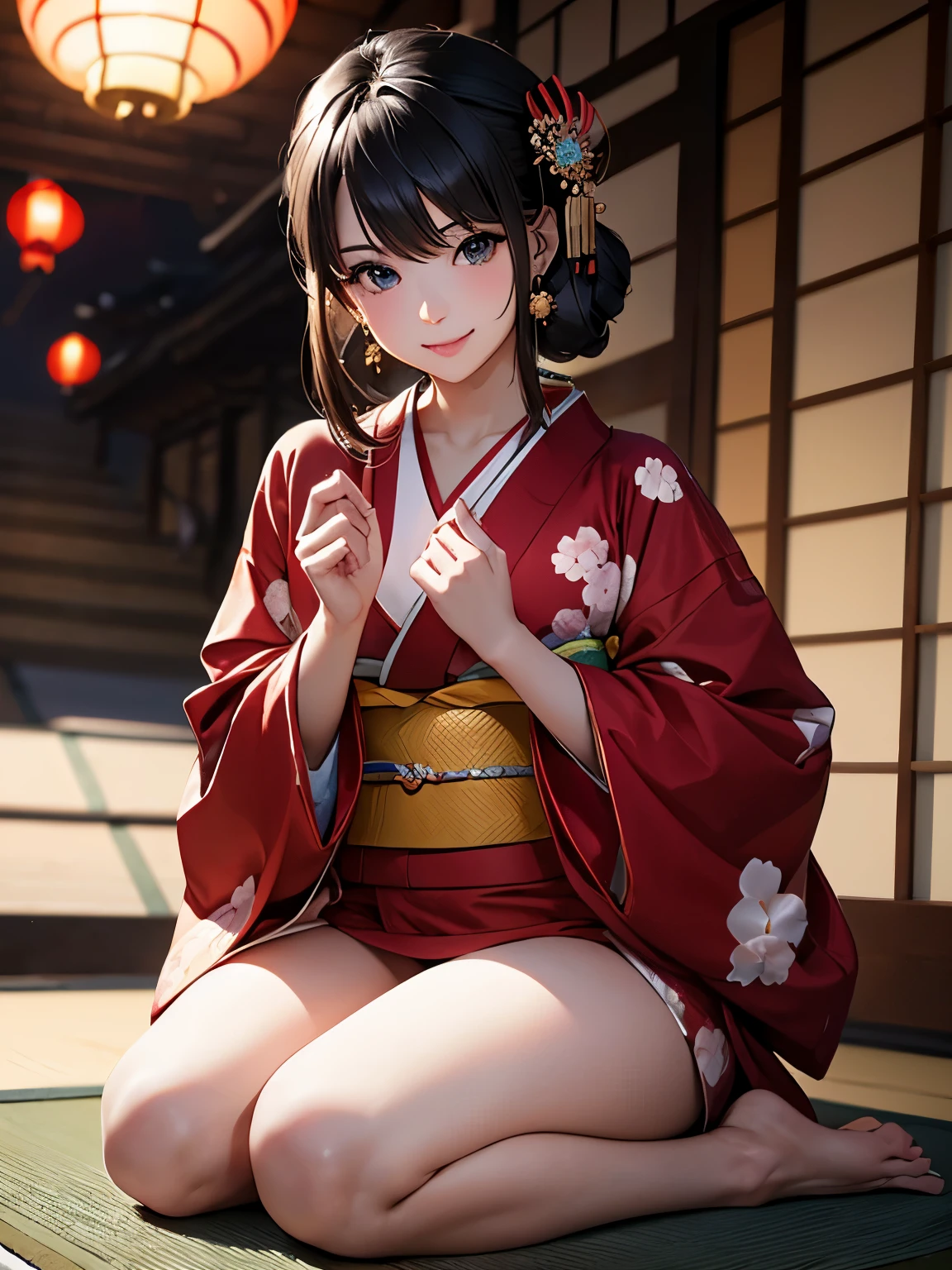 ((Biologically correct number of limbs))、((full body shot, Full body photo including face、head to toe photo))、standing position、[NSFW]、4K、masterpiece、((focus on the face))、((Symmetrical facial features))、Eyes of minute description、Beautiful woman、outstanding style、beautiful clavicle、beautiful legs、(small ass、thin thighs）、(high heels）、Detailed depiction of faces、small earrings、necklace、(kimono）、Scenery of Kyoto on holiday morning、A happy smile、Brown beauty、seiza、