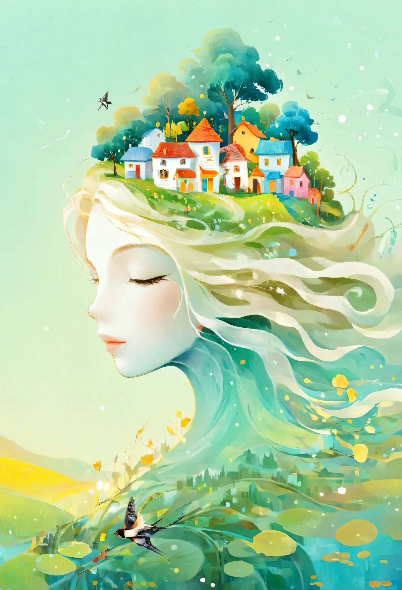 Digital illustration art, a comical illustration of a *********** adorned with many houses, trees, roots, a little swallow, etc. on her head. Her hair is composed of many houses and trees, and the background is green trees and hills (the background blends with the ***********'s hair). Surrounded on both sides, it evokes the charm of a charming rural landscape. White background, the whimpering sound of Chinese calligraphy, vivid Ferdinand du Puigaudeau, Victor nizovtsev, retro tones, sparkling, reflective, best number, 8K, high-definition, high-resolution, dual exposure, beautiful digital illustrations,in style of Eyvind Earle, beautiful details