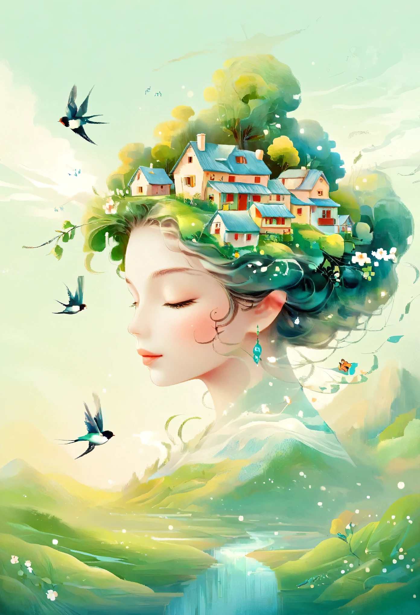 Digital illustration art, a comical illustration of a  girl adorned with many houses, trees, roots, a little swallow, etc. on her head. Her hair is composed of many houses and trees, and the background is green trees and hills (the background blends with the littles hair). Surrounded on both sides, it evokes the charm of a charming rural landscape. White background, the whimpering sound of Chinese calligraphy, vivid Ferdinand du Puigaudeau, Victor nizovtsev, retro tones, sparkling, reflective, best number, 8K, high-definition, high-resolution, dual exposure, beautiful digital illustrations,in style of Anna Dittmann, beautiful details