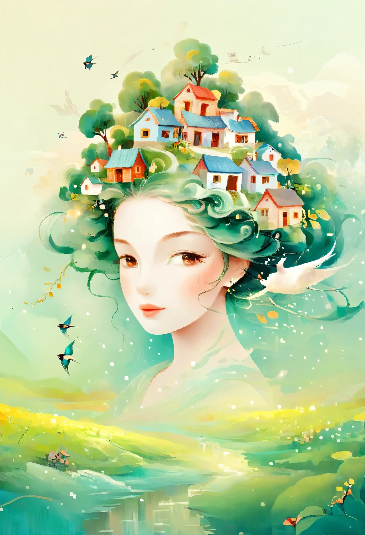 Digital illustration art, a comical illustration of a *********** adorned with many houses, trees, roots, a little swallow, etc. on her head. Her hair is composed of many houses and trees, and the background is green trees and hills (the background blends with the ***********'s hair). Surrounded on both sides, it evokes the charm of a charming rural landscape. White background, the whimpering sound of Chinese calligraphy, vivid Ferdinand du Puigaudeau, Victor nizovtsev, retro tones, sparkling, reflective, best number, 8K, high-definition, high-resolution, dual exposure, beautiful digital illustrations,