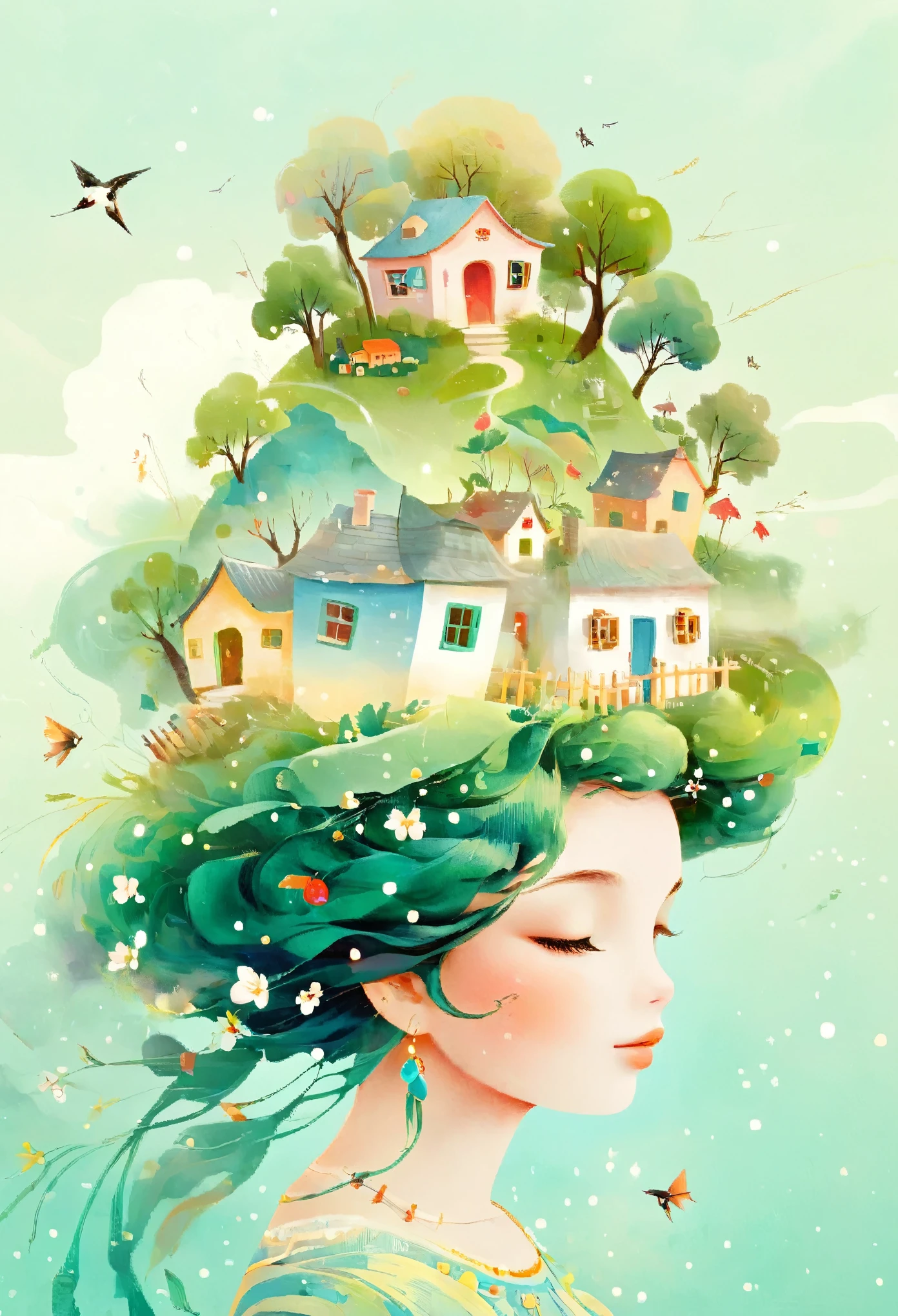 Digital illustration art, a comical illustration of a *********** adorned with many houses, trees, roots, a little swallow, etc. on her head. Her hair is composed of many houses and trees, and the background is green trees and hills (the background blends with the ***********'s hair). Surrounded on both sides, it evokes the charm of a charming rural landscape. White background, the whimpering sound of Chinese calligraphy, vivid Ferdinand du Puigaudeau, Victor nizovtsev, retro tones, sparkling, reflective, best number, 8K, high-definition, high-resolution, dual exposure, beautiful digital illustrations,