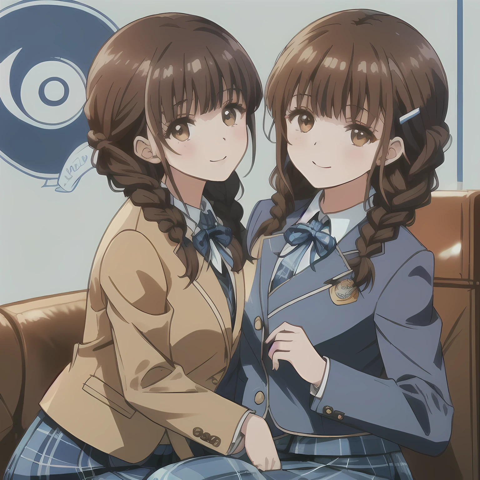 highest quality, (masterpiece:1.2), very detailed,A beautiful girl with a bright and cheerful atmosphere, Only one beautiful girl sitting、Looking at the viewer and smiling, glossy lips, nice smile, Impressive big brown eyes, (((dark brown hair))), 15 years old, big shiny hair clip, , ((((Green school blazer with emblem))), ((A large Japanese-style school ribbon with a large navy blue stripe on the chest.)), very shiny hair、The corners of the eyes are drooping,(white and beautiful skin), (((Tightly braided brown hairstyle))), ((((Green & Navy color tartan check middle long skirt)))), ((A gentle and cute expression staring at the viewer)), double eyelid, ((long eyelashes)), ((the skirt is very cute)), ((Strong appeal to viewers)), (((shot from the side))), ((very very very curly bangs)), ((thin downward eyebrows)), ((both ends of a long thing, A thick ribbon hangs from the chest.))