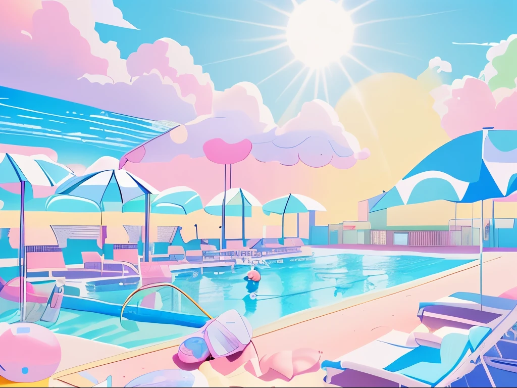  pastel colors, kawaii, cute colors
The sun wearing sunglasses is floating, blue sky, pool, swimsuit, beach ball, goggles, water