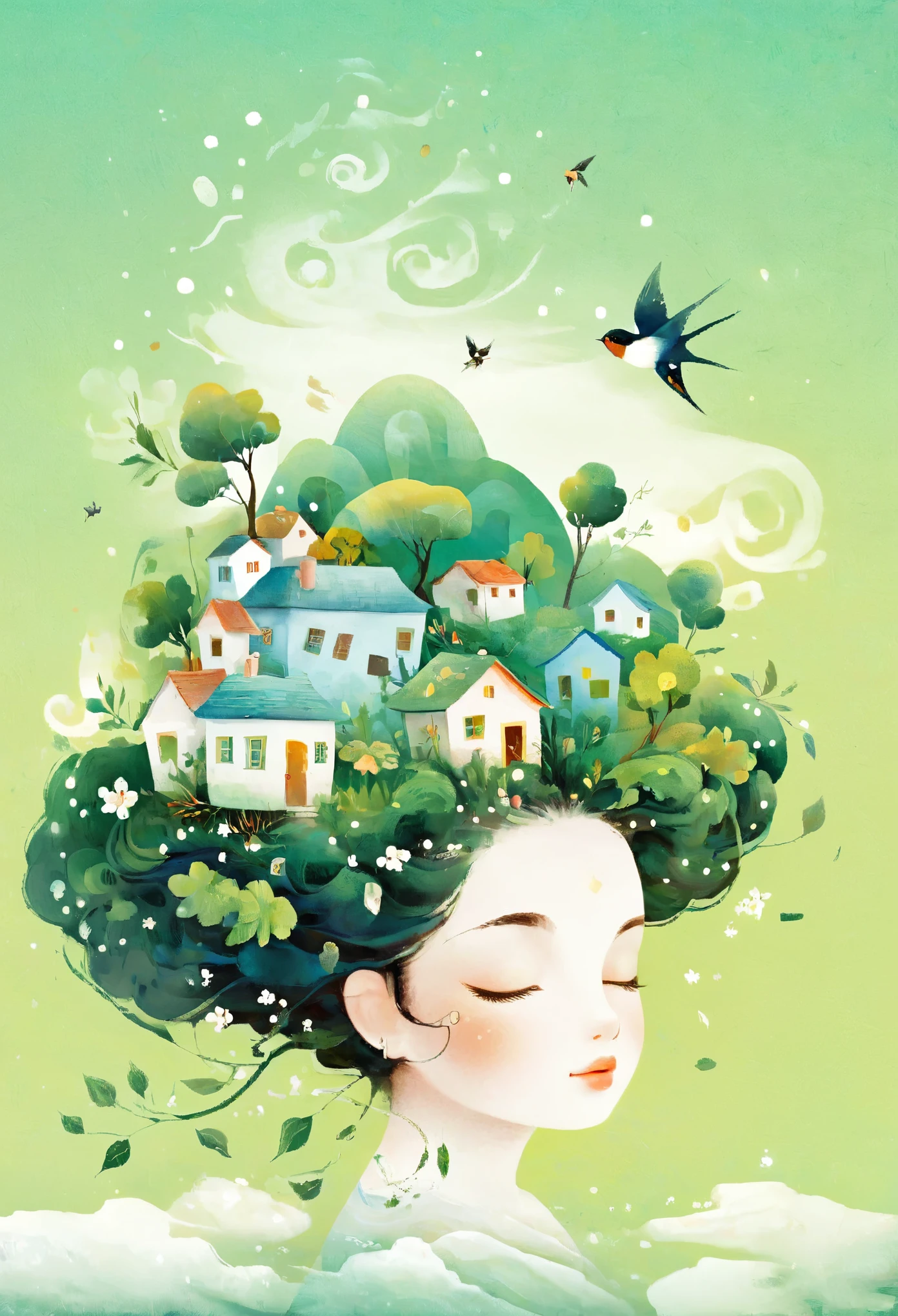 Digital illustration art, a comical illustration of a *********** adorned with many houses, trees, roots, a little swallow, etc. on her head. Her hair is composed of many houses and trees, and the background is green trees and hills (the background blends with the ***********'s hair). Surrounded on both sides, it evokes the charm of a charming rural landscape. White background, the whimpering sound of Chinese calligraphy, vivid Ferdinand du Puigaudeau, Victor nizovtsev, retro tones, sparkling, reflective, best number, 8K, high-definition, high-resolution, dual exposure, beautiful digital illustrations,