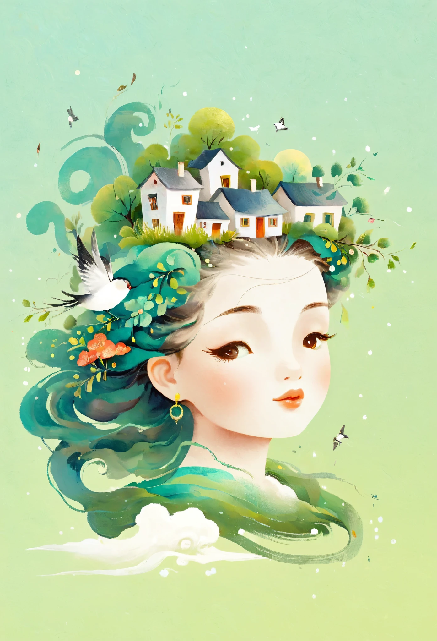 Digital illustration art, a comical illustration of a *********** adorned with many houses, trees, roots, a little swallow, etc. on her head. Her hair is composed of many houses and trees, and the background is green trees and hills (the background blends with the ***********'s hair). Surrounded on both sides, it evokes the charm of a charming rural landscape. White background, the whimpering sound of Chinese calligraphy, vivid Ferdinand du Puigaudeau, Victor nizovtsev, retro tones, sparkling, reflective, best number, 8K, high-definition, high-resolution, dual exposure, beautiful digital illustrations,