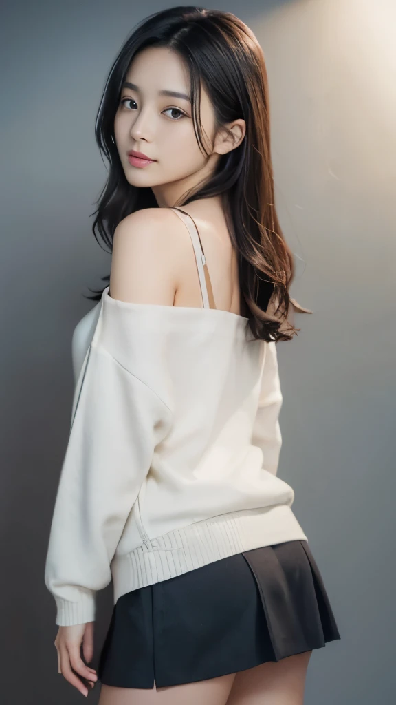 (Highly detailed CG Unity 8K wallpaper, highest quality, Super detailed, look at the camera:1.2, light shines on your face:1.5, gray background, professional lighting), 26 year old Japanese woman. Her straight black hair falls just past her shoulders.、A clean style that frames the face without excess curls。.[3] Her thin eyebrows complement her gentle brown eyes. she has a small nose and slightly plump lips. looking back、I'm wearing a miniskirt