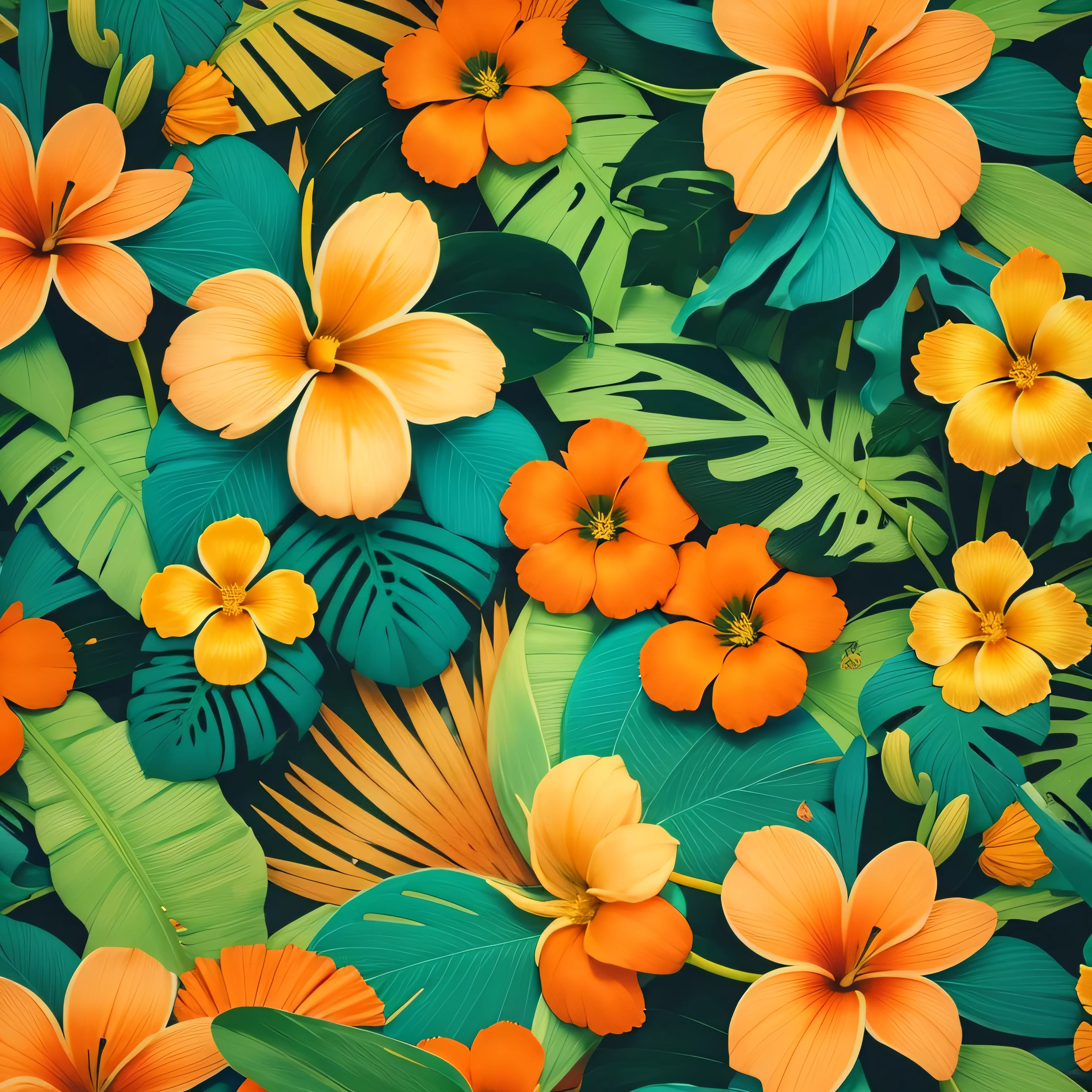 Hawaii flower, tropical leaf pattern, ultra hd, cyan and orange color, wallpaper