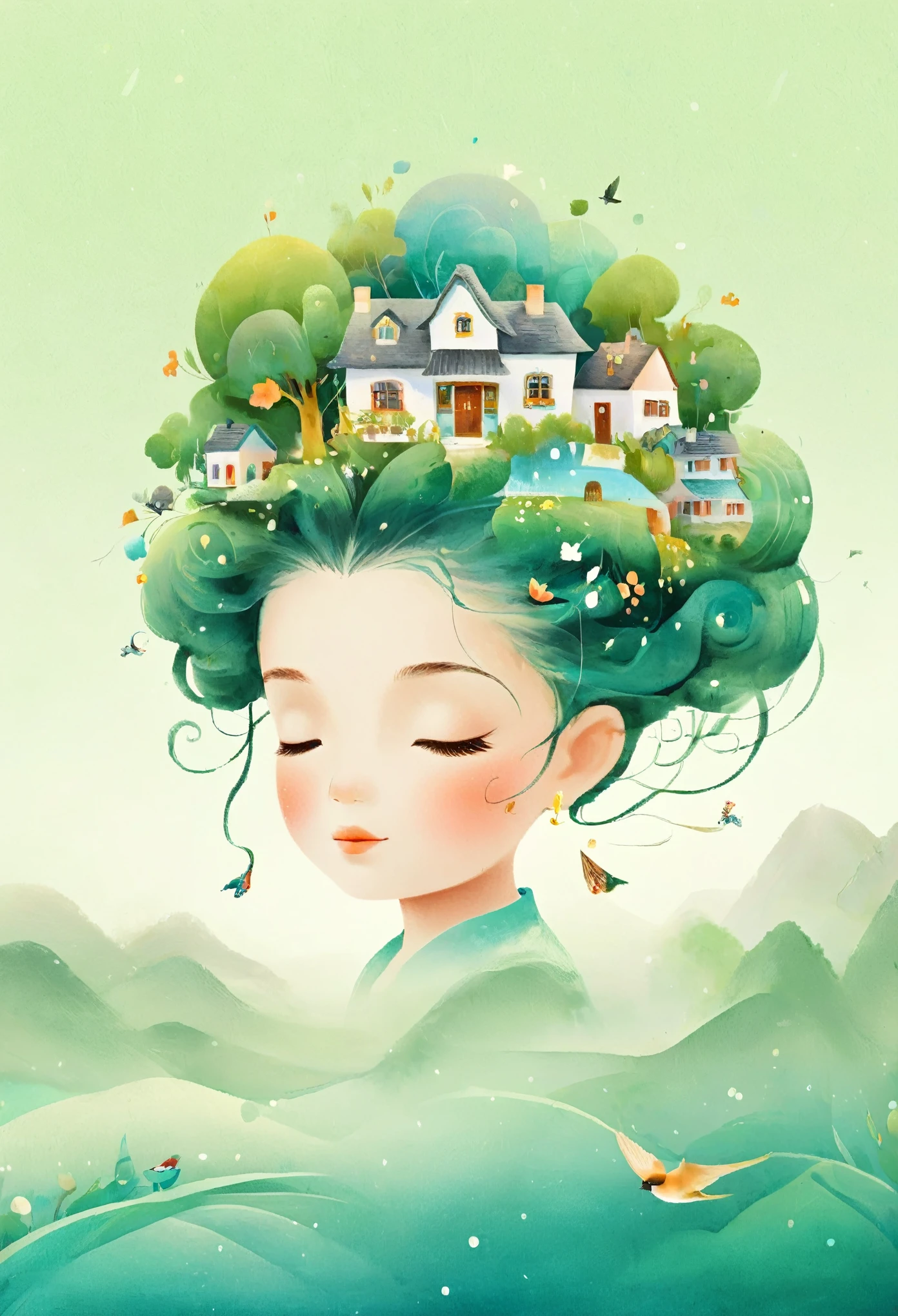 Digital illustration art, (Frontal avatar），a comical illustration of a *********** adorned with many houses, trees, roots, a little swallow, etc. on her head. Her hair is composed of many houses and trees, and the background is green trees and hills (the background blends with the ***********'s hair). Surrounded on both sides, it evokes the charm of a charming rural landscape. White background, the whimpering sound of Chinese calligraphy, vivid Ferdinand du Puigaudeau, Victor nizovtsev, retro tones, sparkling, reflective, best number, 8K, high-definition, high-resolution, dual exposure, beautiful digital illustrations,