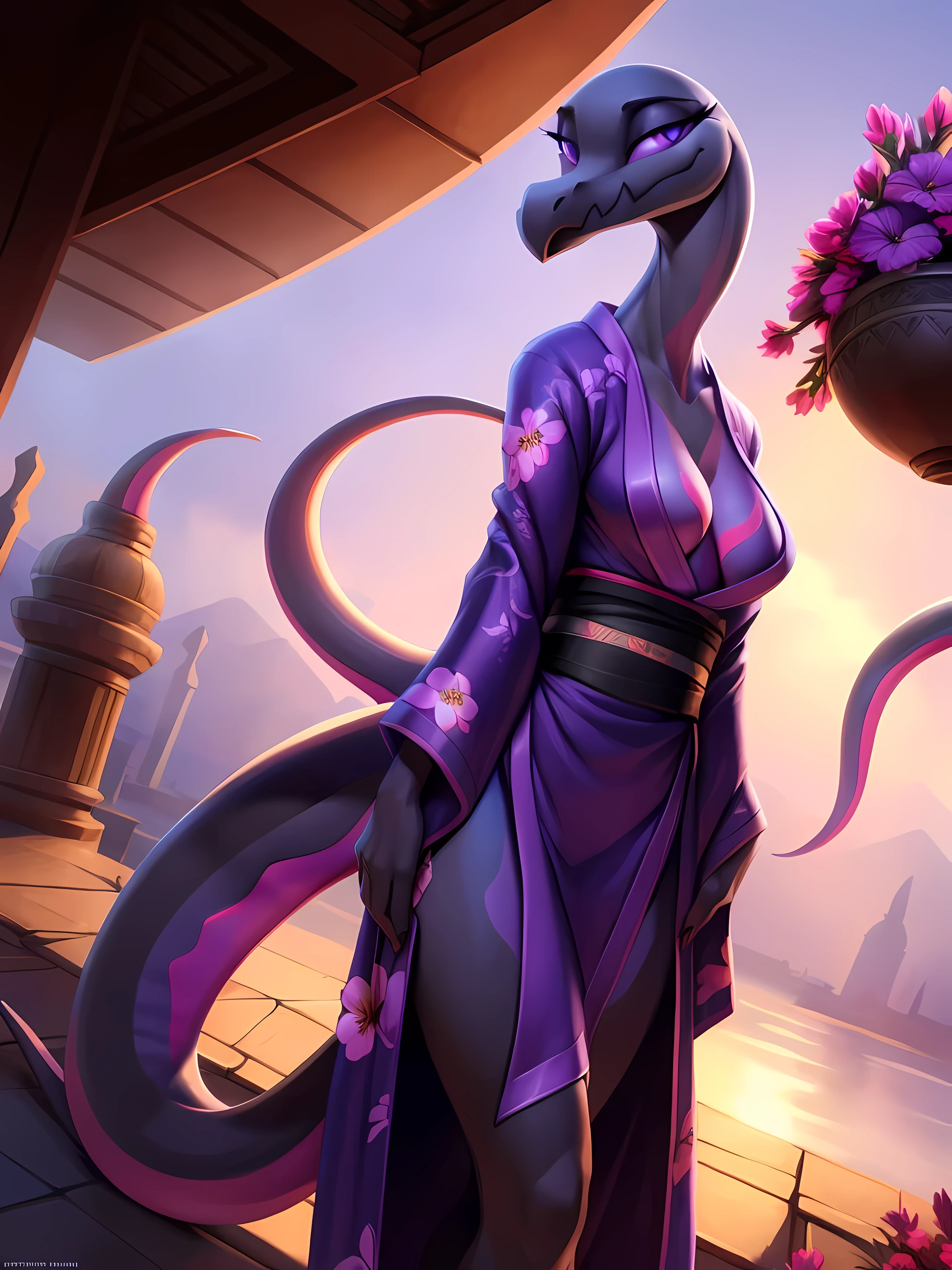 uploaded on e621, ((Salazzle)) by Pixelsketcher, by Bayard Wu, by Thomas Benjamin Kennington , by Einshelm, solo anthro, (( portrait)), BREAK, ((kimono:1.2)), , ((wearing long flowing kimon, kimono with flower pattern)), (detailed Bonifasko lighting), (detailed scales), (detailed skin), (female Salazzle), BREAK, ((long flowing tail)), ((facing viewer)), (cinematic lighting), ((detailed background)), ((full body portrait view)), (((full body view))), (half body shadow), [backlighting], [crepuscular ray], [detailed ambient light], [gray natural lighting], [ambient light on the belly], (higher wildlife feral detail), [explict content], [sharp focus], (questionable content), (shaded), ((masterpiece)), furry Salazzle, reptilian face, furry Fantasy Art, furry Art, Commission for High Res, anthro Art, POV furry Art,Sakimichan beautiful, masterpiece, medium breasts, best quality, detailed image, bright colors, detailed face, perfect lighting, perfect shadows, perfect eyes, girl focus, purple eyes, flawless face, face focus, ((long flowing tail in her hand)), reptilian girl, scales, scales woman, dragon nose, large long muzzle, colorful scales, gaze at the viewer, half-closed eyes, 1girl, solo, full body, (masterpiece:1.21), (best quality:1.2), (illustration:1.2), (cinematic lighting:1.3), detailed scales, balanced coloring, global illumination, ray tracing, good lighting, scales, anthro, cleavage, looking at viewer, smiling