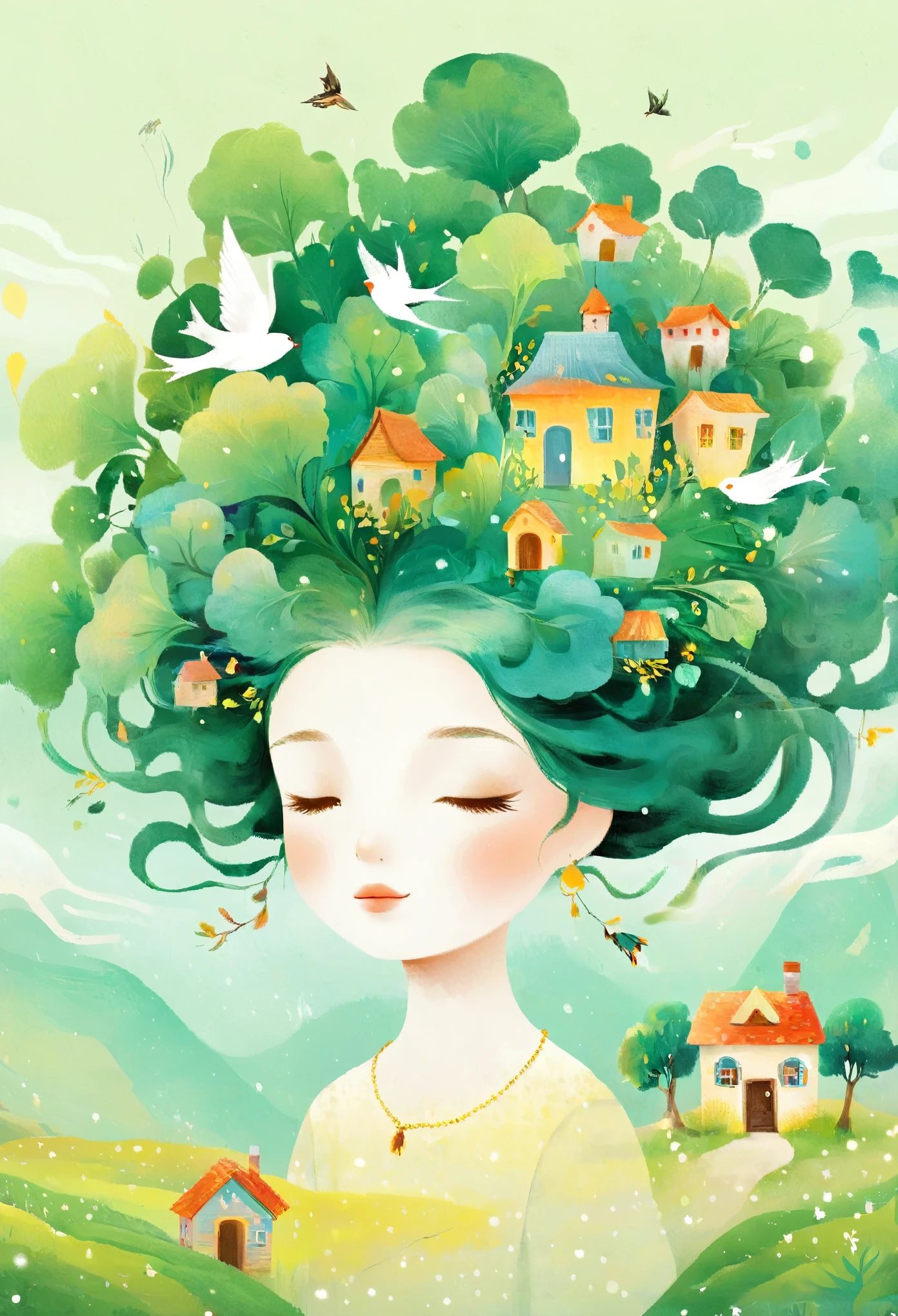 Digital illustration art, a comical illustration of a  girl adorned with many houses, trees, roots, a little swallow, etc. on her head. Her hair is composed of many houses and trees, and the background is green trees and hills (the background blends with the littles hair). Surrounded on both sides, it evokes the charm of a charming rural landscape. White background, the whimpering sound of Chinese calligraphy, vivid Ferdinand du Puigaudeau, Victor nizovtsev, retro tones, sparkling, reflective, best number, 8K, high-definition, high-resolution, dual exposure, beautiful digital illustrations,