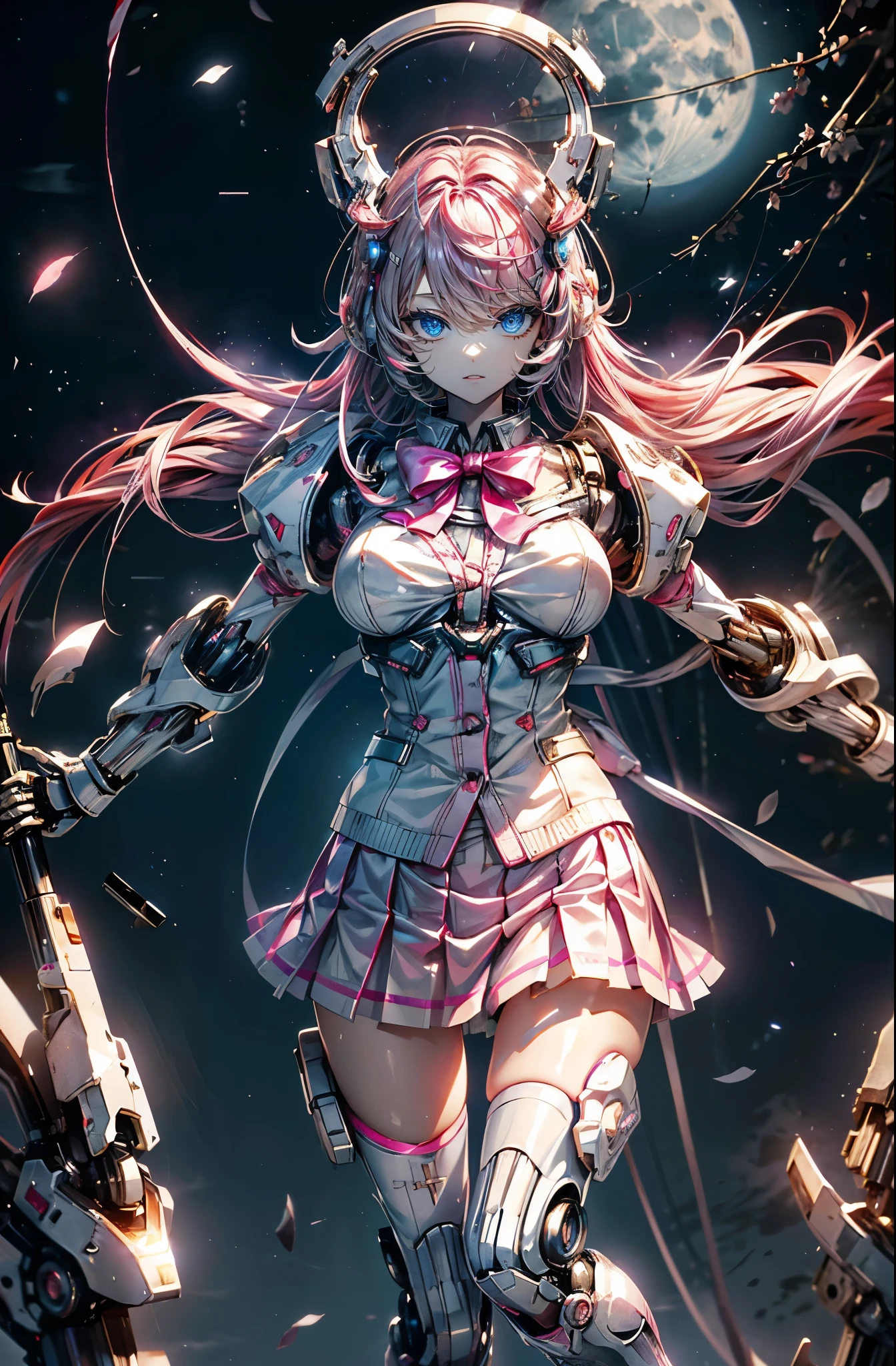 hyper quality、8K quality、High resolution、Image quality taken with a single-lens reflex camera、(SFW)、perfect anatomy、mecha girl、20 year old beautiful girl with medium pink hair.blue eyes(gentle expression:1.4)(Good shape and normal breasts)、(Glossy white mechanical parts with a three-dimensional feel)
BREAK (slender body)(ivory-white and shocking-pink theme:1.2), (cute school uniform:1.2), (shocking-pink headphones:1.0), (wearing an oversized ivory-white knit cardigan over a school uniform:1.2), (shocking-pink sailor collar with big pink ribbon:1.2), (button-up:1.4), (wearing an shocking-pink pleated skirt under a cardigan:1.2), (bare legs:1.3), (loose socks:1.2), (shocking-pink platform high boots:1.2),(Mechanical parts below the elbows and below the knees)(Cherry blossom blooming dance live stage、Cherry tree、Live feeling、spotlight below:1.2)(shining moon、under the starry sky:1.5)
