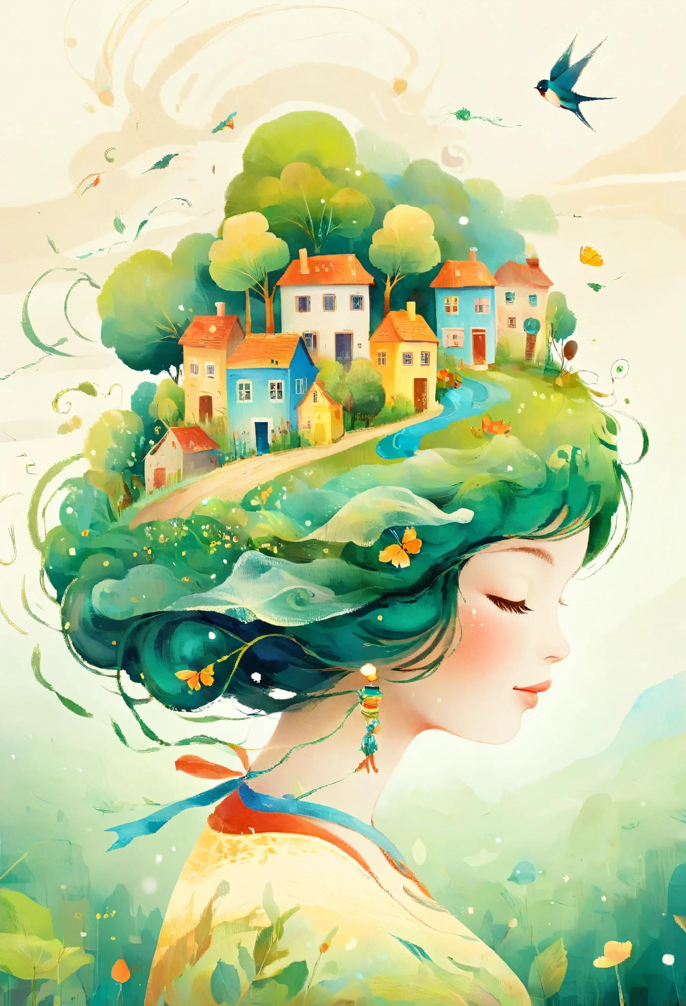 Digital illustration art, a comical illustration of a  girl adorned with many houses, trees, roots, a little swallow, etc. on her head. Her hair is composed of many houses and trees, and the background is green trees and hills (the background blends with the littles hair). Surrounded on both sides, it evokes the charm of a charming rural landscape. White background, the whimpering sound of Chinese calligraphy, vivid Ferdinand du Puigaudeau, Victor nizovtsev, retro tones, sparkling, reflective, best number, 8K, high-definition, high-resolution, dual exposure, beautiful digital illustrations,