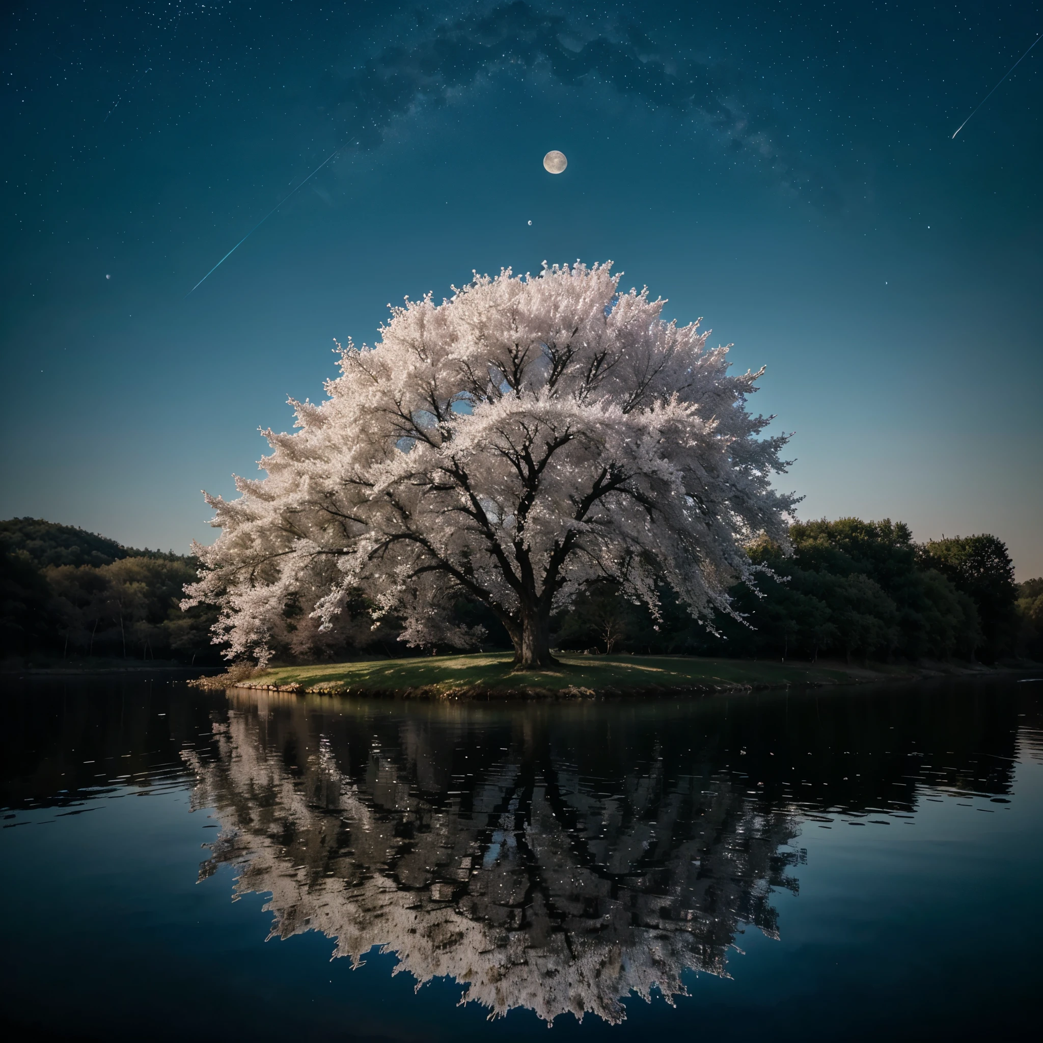 large white cherry tree with moon and starry sky in an enchanted lake with reflections in the water. imagem utra realista, hd. cena no estilo harry potter. magia. maximum quality, melhor qualidade. scene with magical lighting and bright reflections