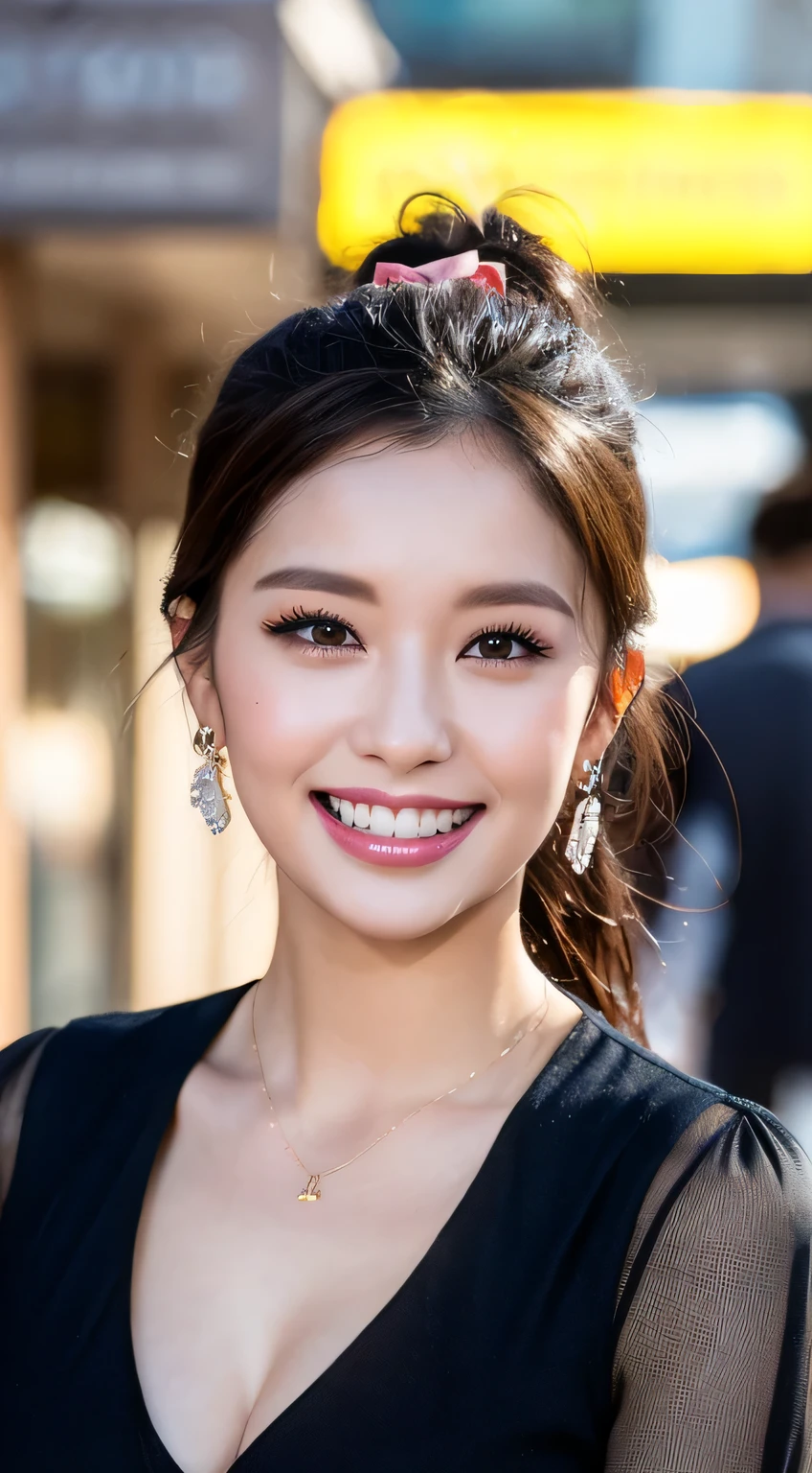(masterpiece, Highest quality:1.1), (8K, RAW Photos, Photo realistic:1.2, f22), (Shiny skin), Detailed skin, Detailed face, smilee,fine grain,Long Hair, break, Real World, (Very detailed, Cleavage), Intricate details, smile, One Girl, (shirt)、 (Overseas tourist attractions:1.4)