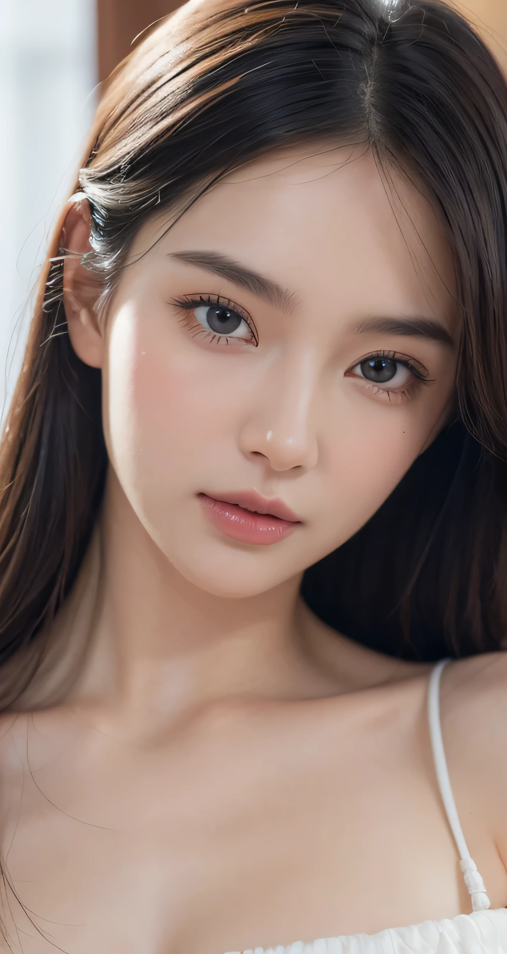 best quality，Highest resolution，8K,Best image quality，detailed，intricate detailed lines，Natural light，a girl，realistic face，lifelike，pretty face，The texture of the details，Skin is hydrated and shiny，soft skin，face close-up，Random hairstyle，random clothes，detailed褶皱，V neckline，Suspenders，take off shoulders，split，snow white skin，photo，Face model，Cute eyes